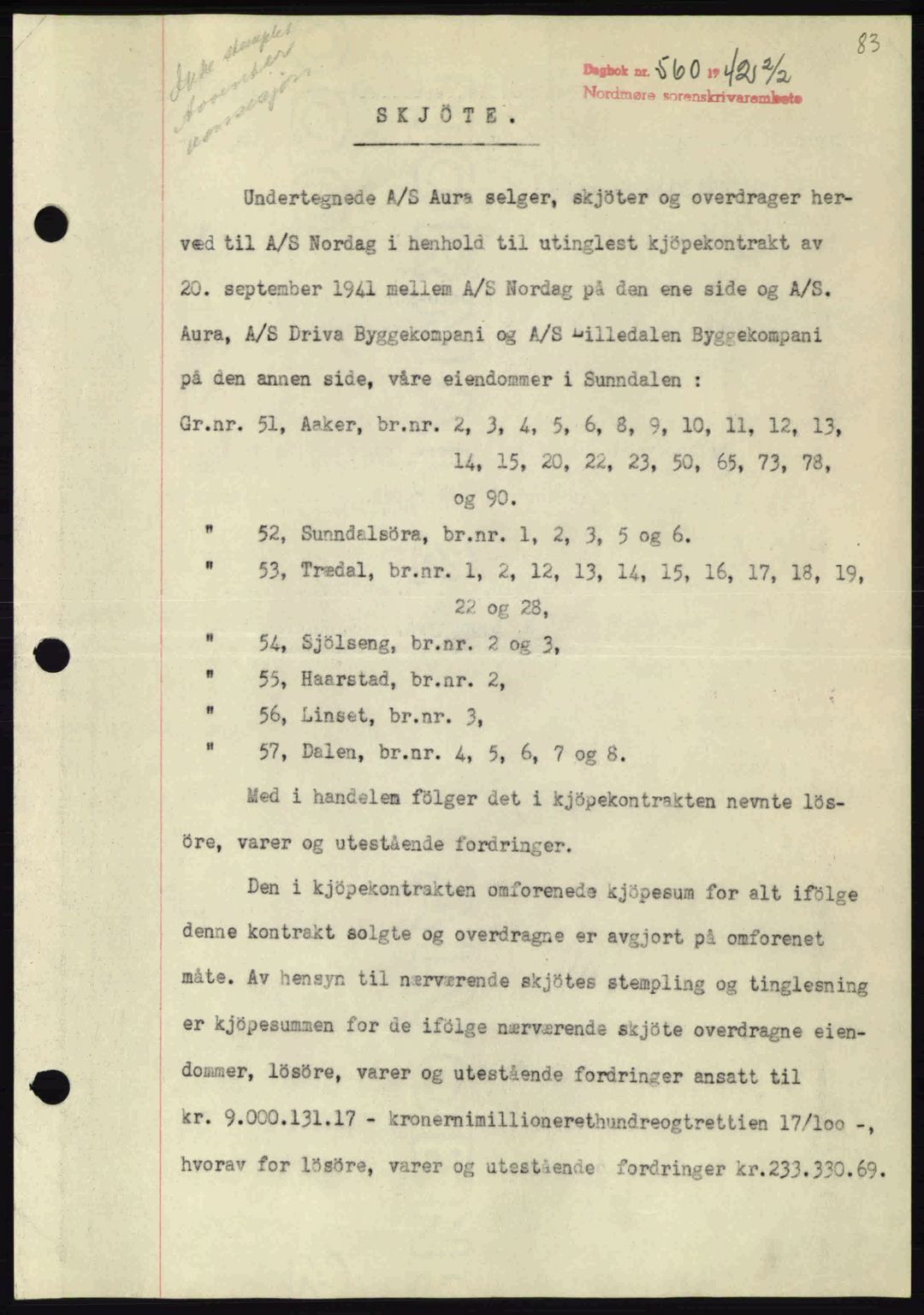 Nordmøre sorenskriveri, AV/SAT-A-4132/1/2/2Ca: Mortgage book no. A92, 1942-1942, Diary no: : 560/1942