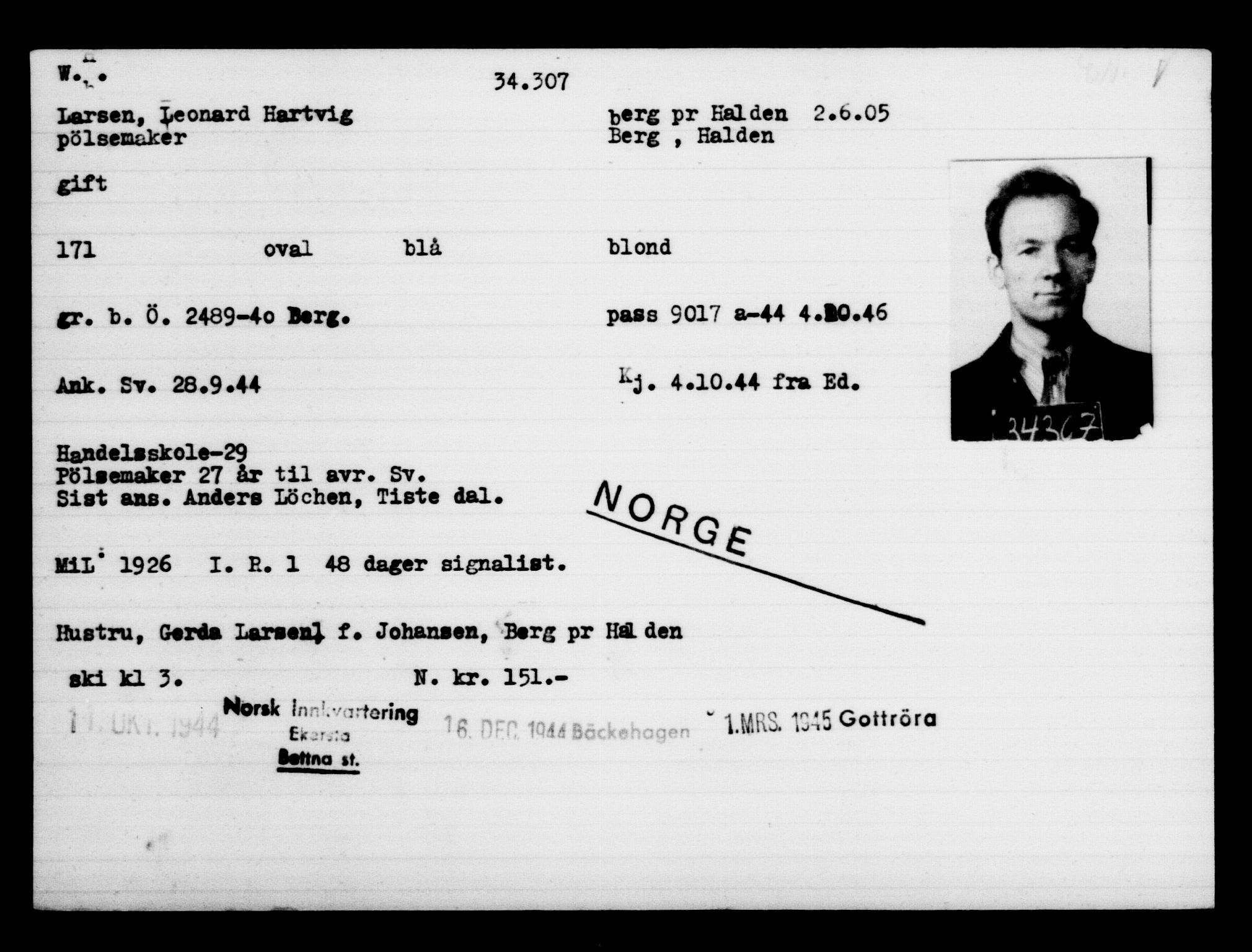 Utenriksstasjonene, Legasjonen i Stockholm, Flyktningkontoret, AV/RA-S-6753/V/Va/L0013: Kjesäterkartoteket, flyktninger med registreringsnr. 31500-34731, 1940-1945, p. 2959