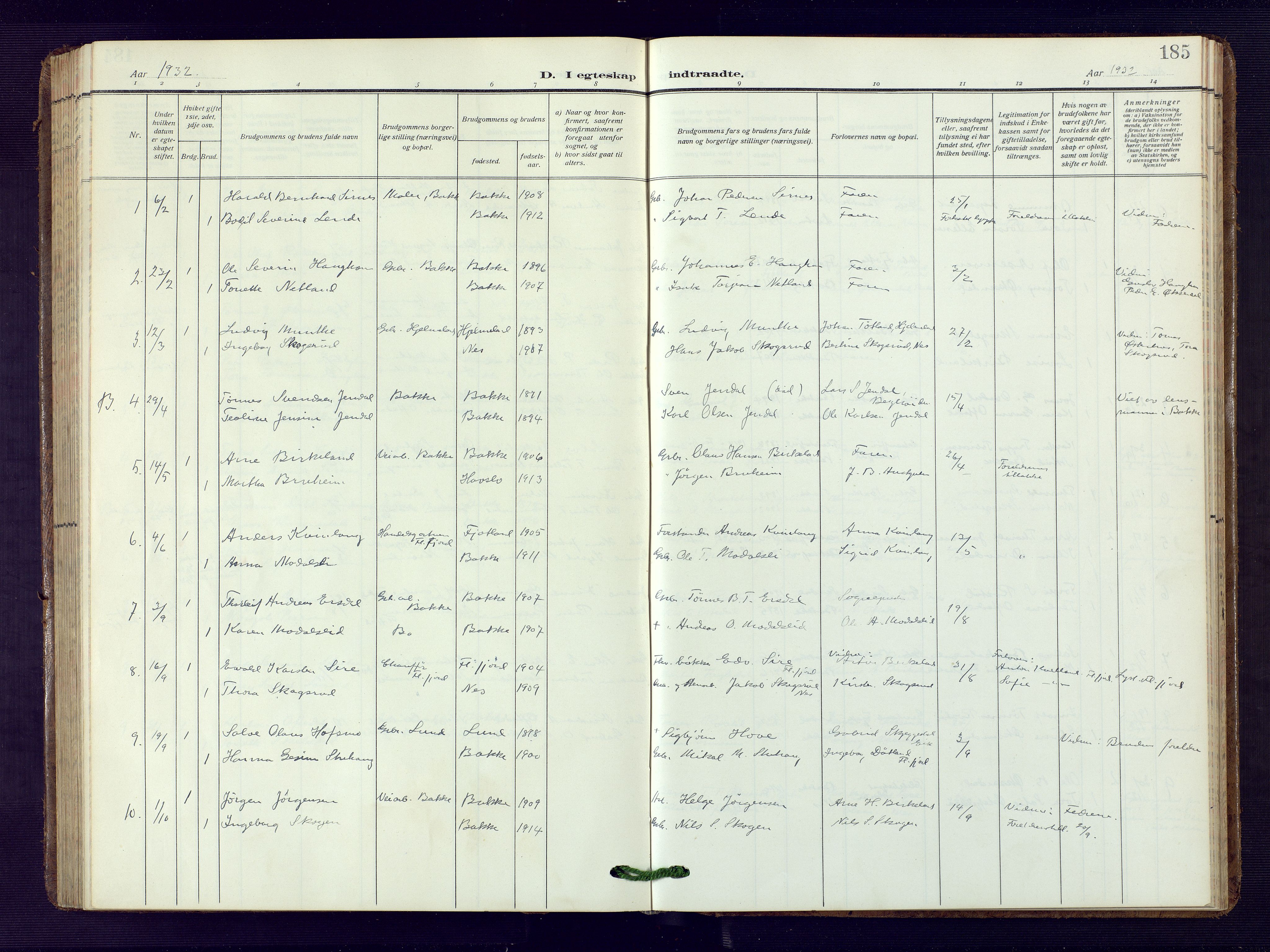Bakke sokneprestkontor, SAK/1111-0002/F/Fb/Fba/L0004: Parish register (copy) no. B 4, 1911-1946, p. 185