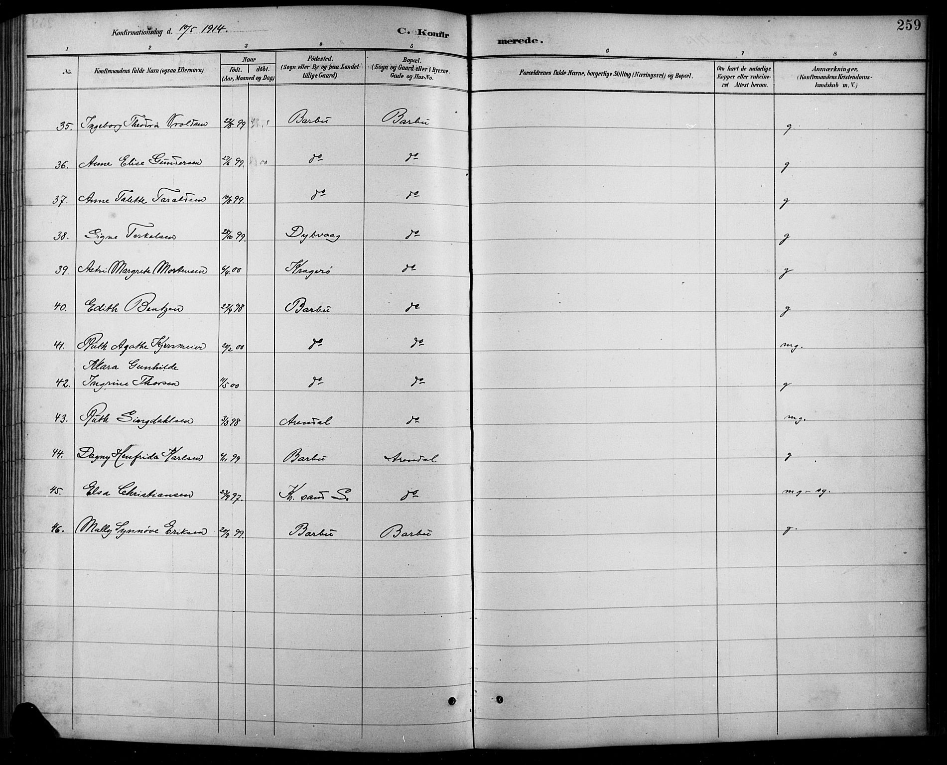 Arendal sokneprestkontor, Trefoldighet, AV/SAK-1111-0040/F/Fb/L0006: Parish register (copy) no. B 6, 1889-1916, p. 259