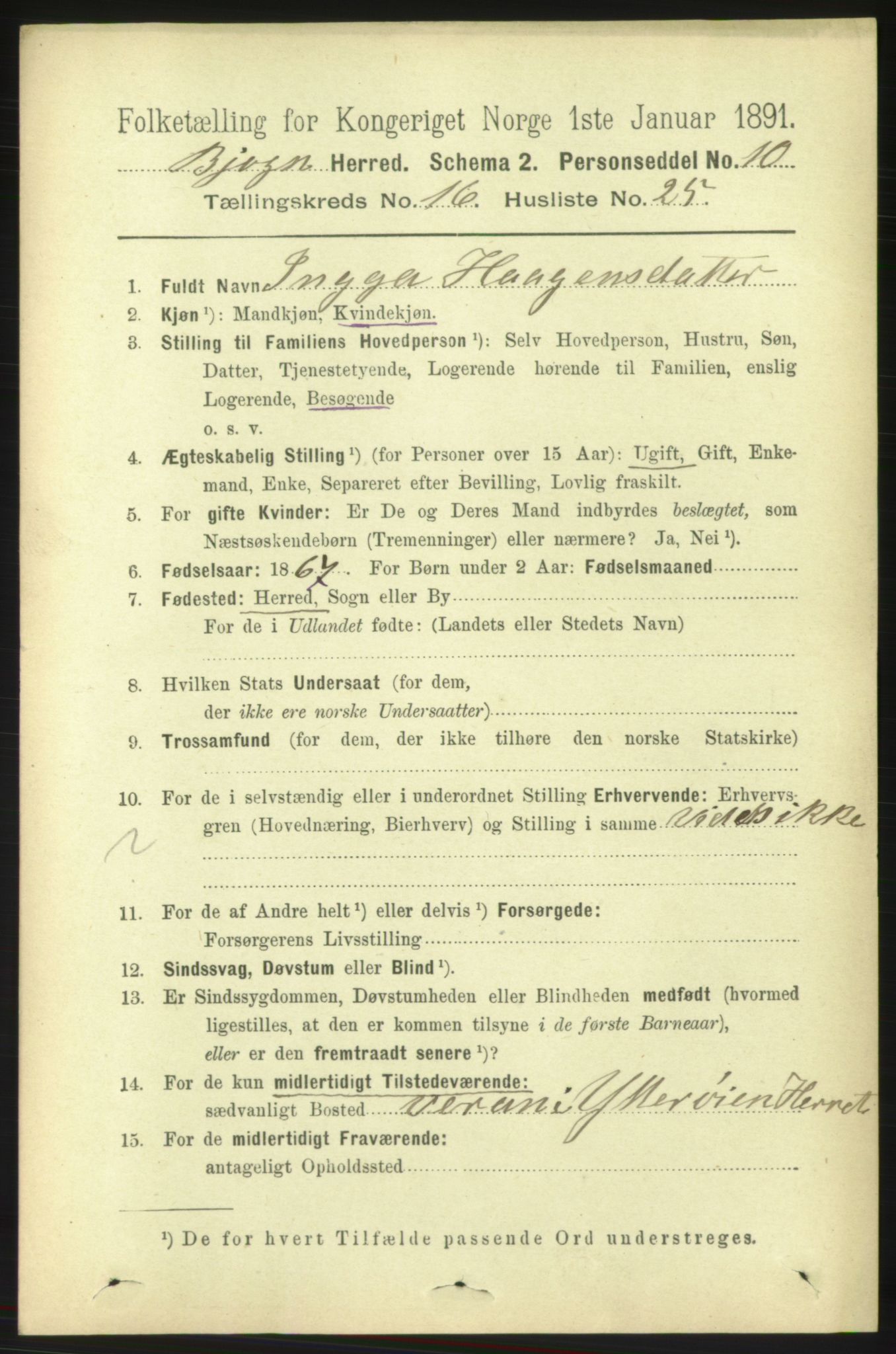 RA, 1891 census for 1627 Bjugn, 1891, p. 4588