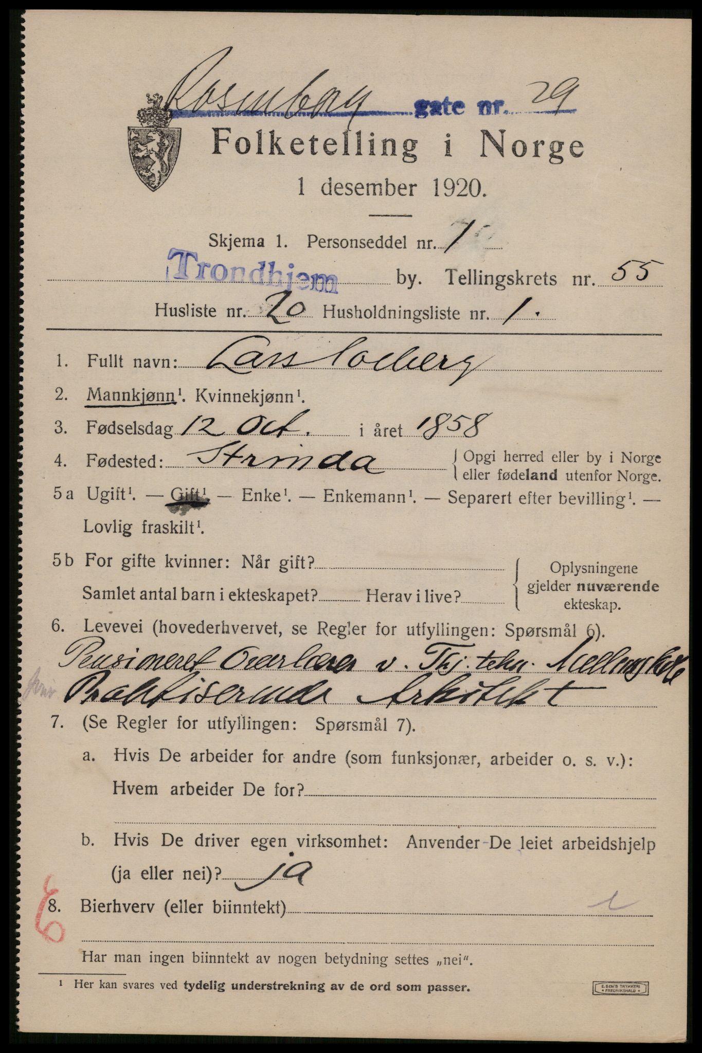 SAT, 1920 census for Trondheim, 1920, p. 112738