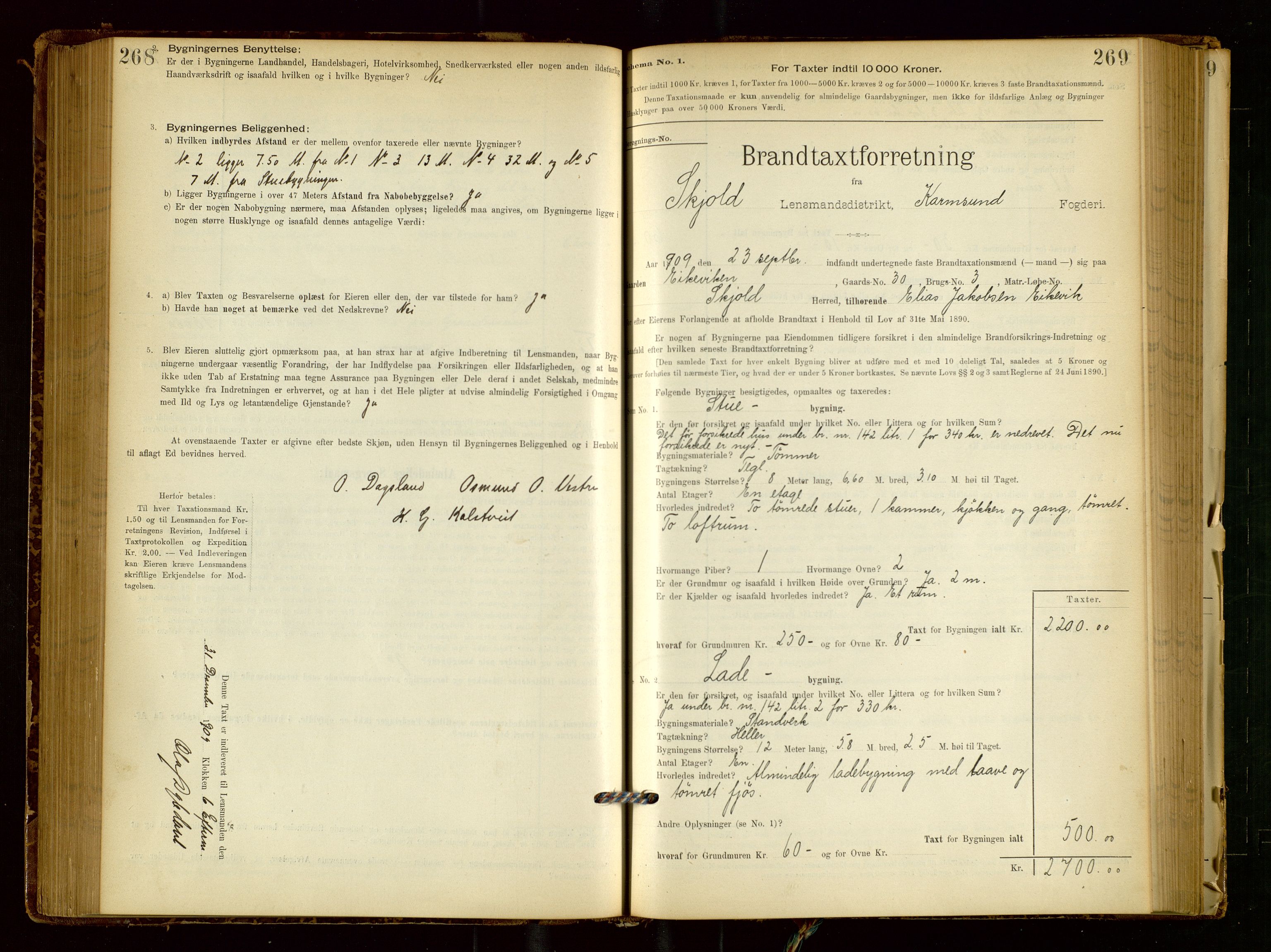 Skjold lensmannskontor, AV/SAST-A-100182/Gob/L0001: "Brandtaxationsprotokol for Skjold Lensmandsdistrikt Ryfylke Fogderi", 1894-1939, p. 268-269