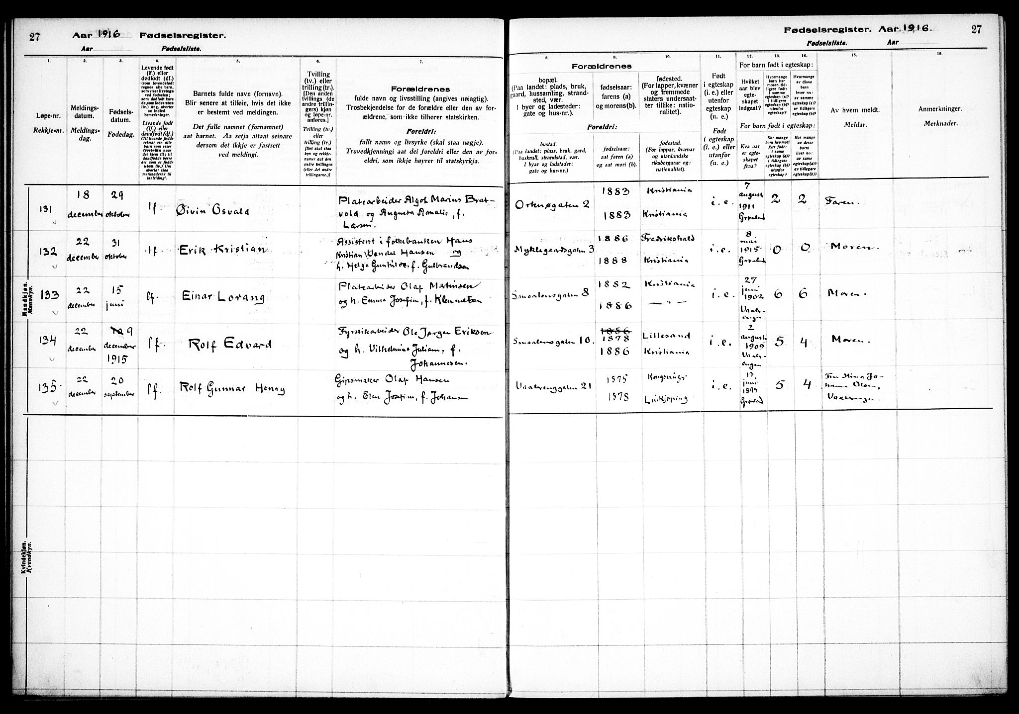 Vålerengen prestekontor Kirkebøker, SAO/A-10878/J/Ja/L0001: Birth register no. 1, 1916-1924, p. 27