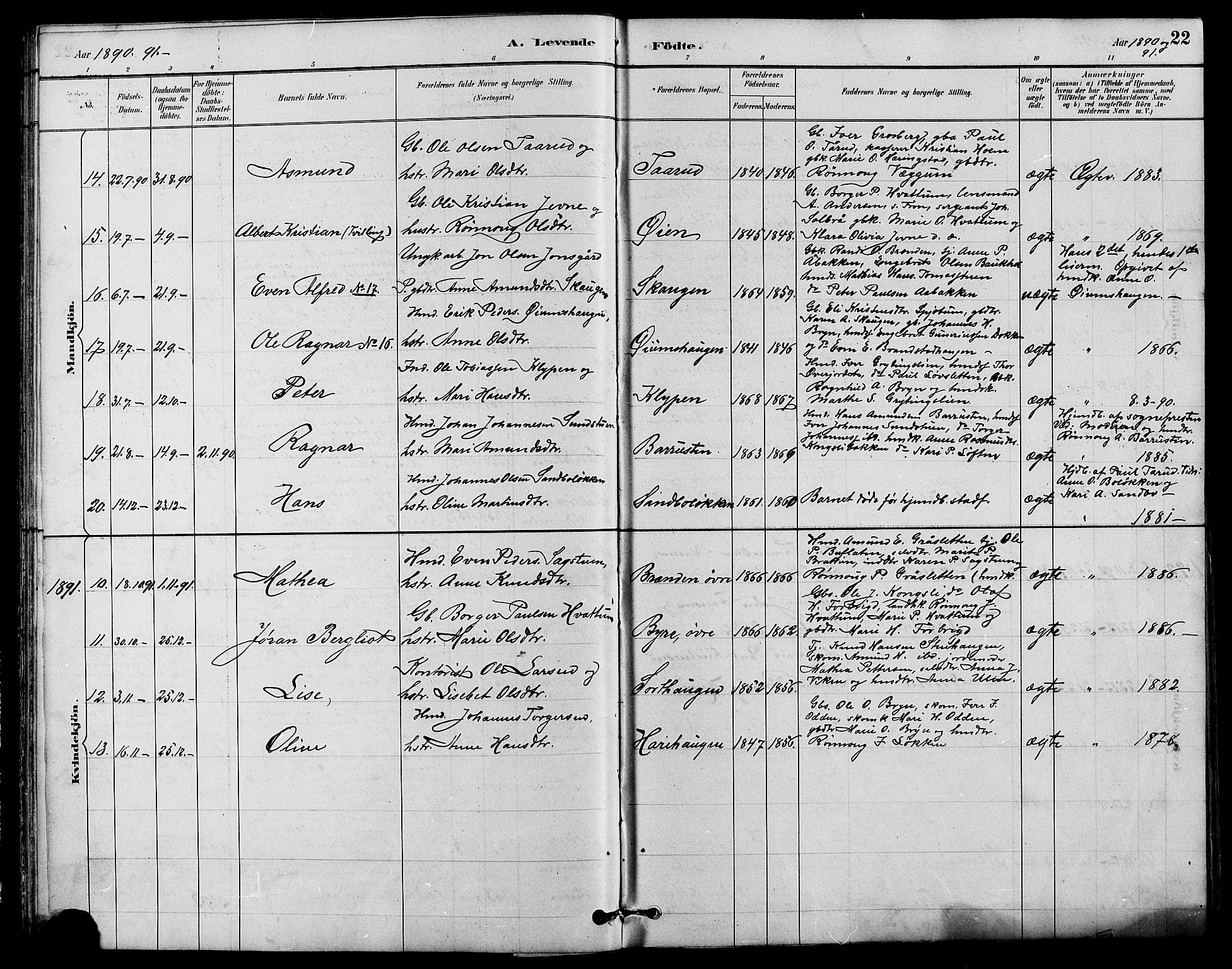 Nord-Fron prestekontor, SAH/PREST-080/H/Ha/Hab/L0004: Parish register (copy) no. 4, 1884-1914, p. 22