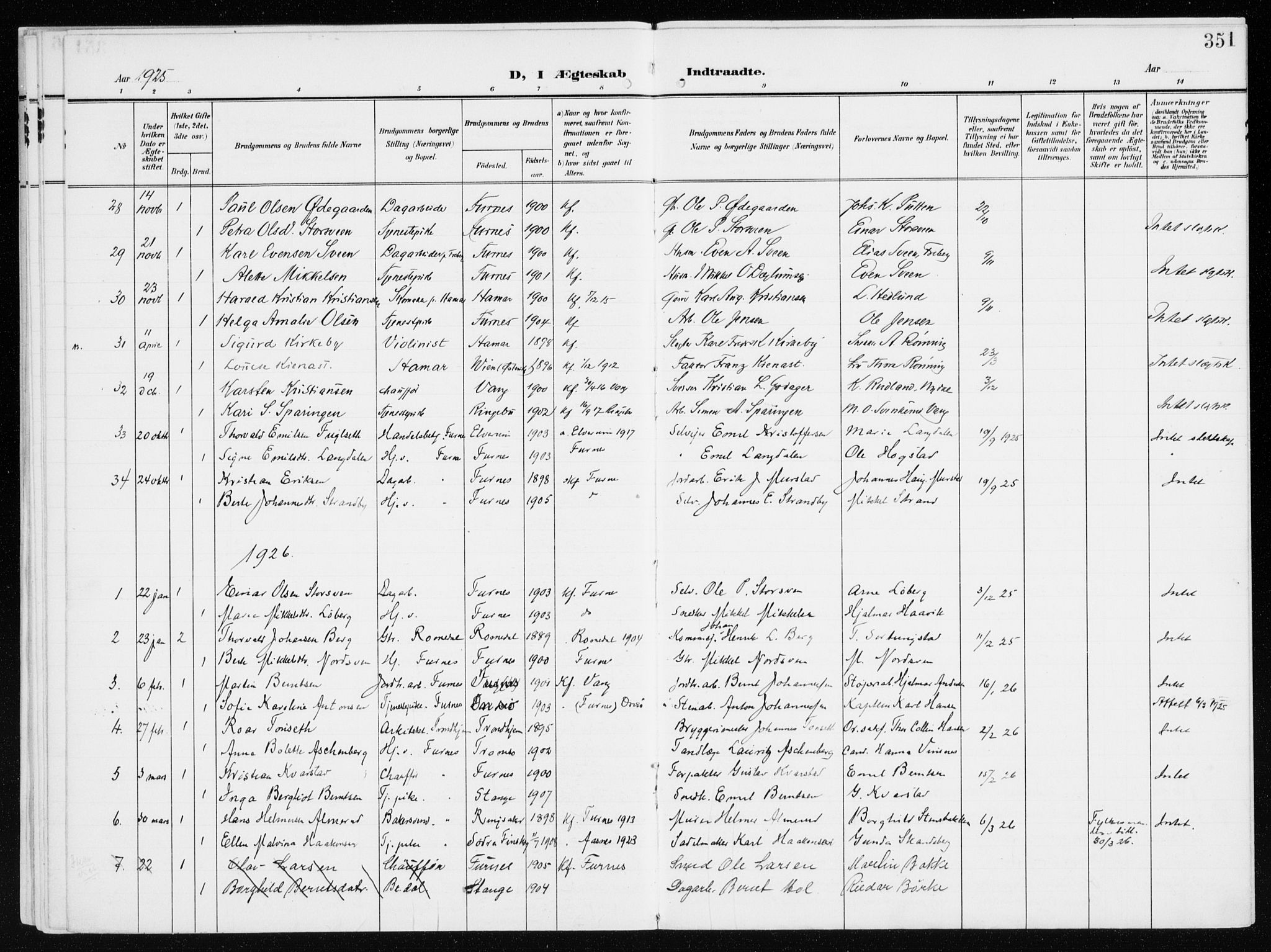 Furnes prestekontor, AV/SAH-PREST-012/K/Ka/L0001: Parish register (official) no. 1, 1907-1935, p. 351