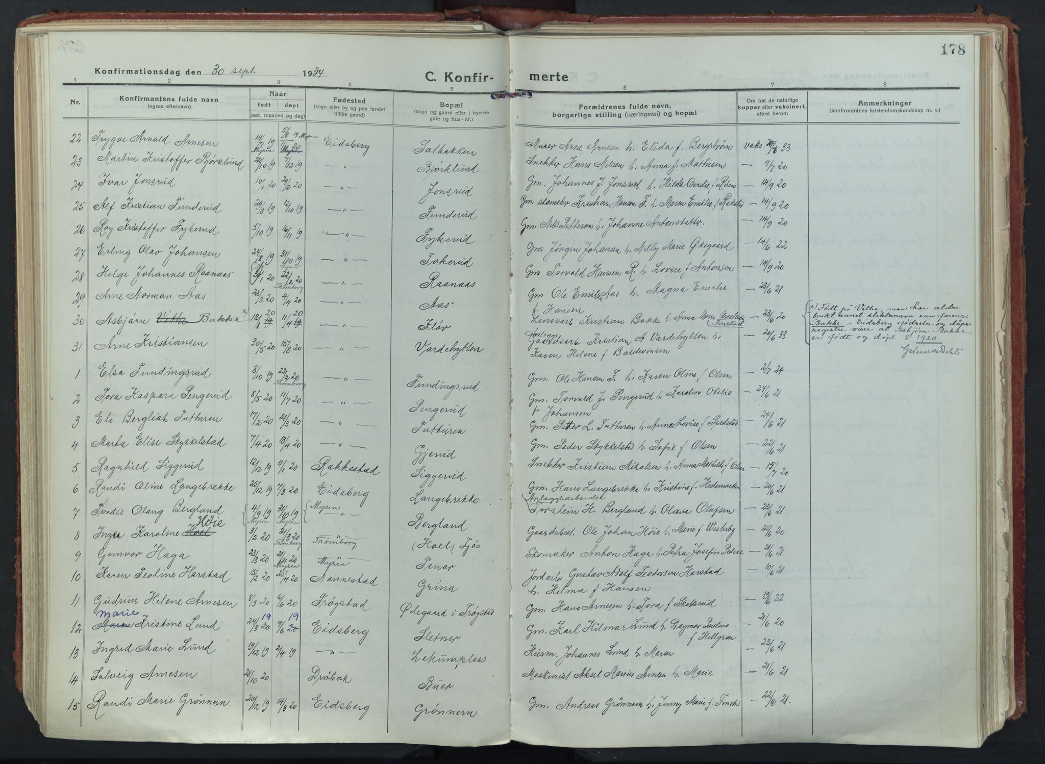 Eidsberg prestekontor Kirkebøker, SAO/A-10905/F/Fa/L0015: Parish register (official) no. I 15, 1920-1937, p. 178
