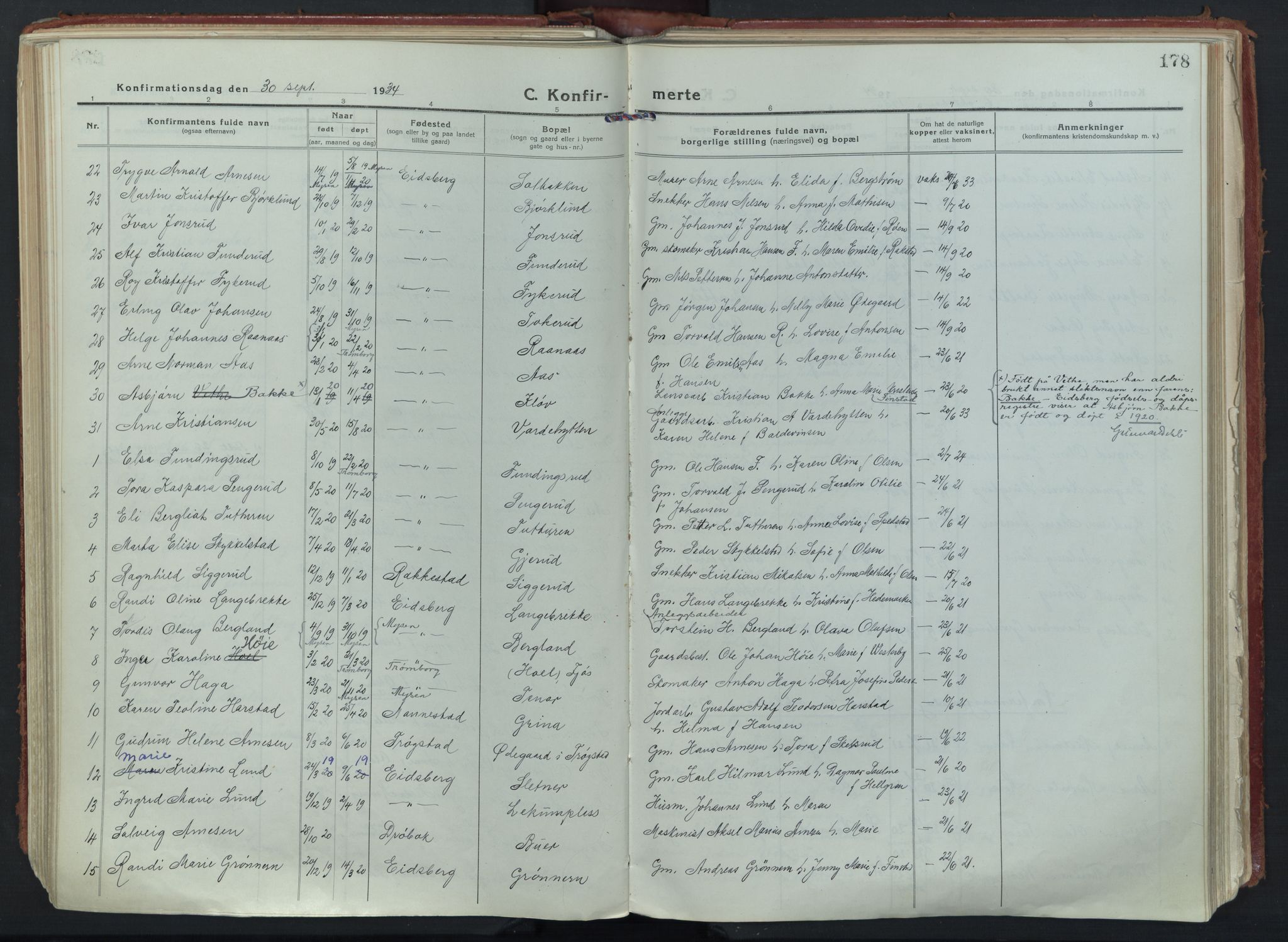 Eidsberg prestekontor Kirkebøker, AV/SAO-A-10905/F/Fa/L0015: Parish register (official) no. I 15, 1920-1937, p. 178