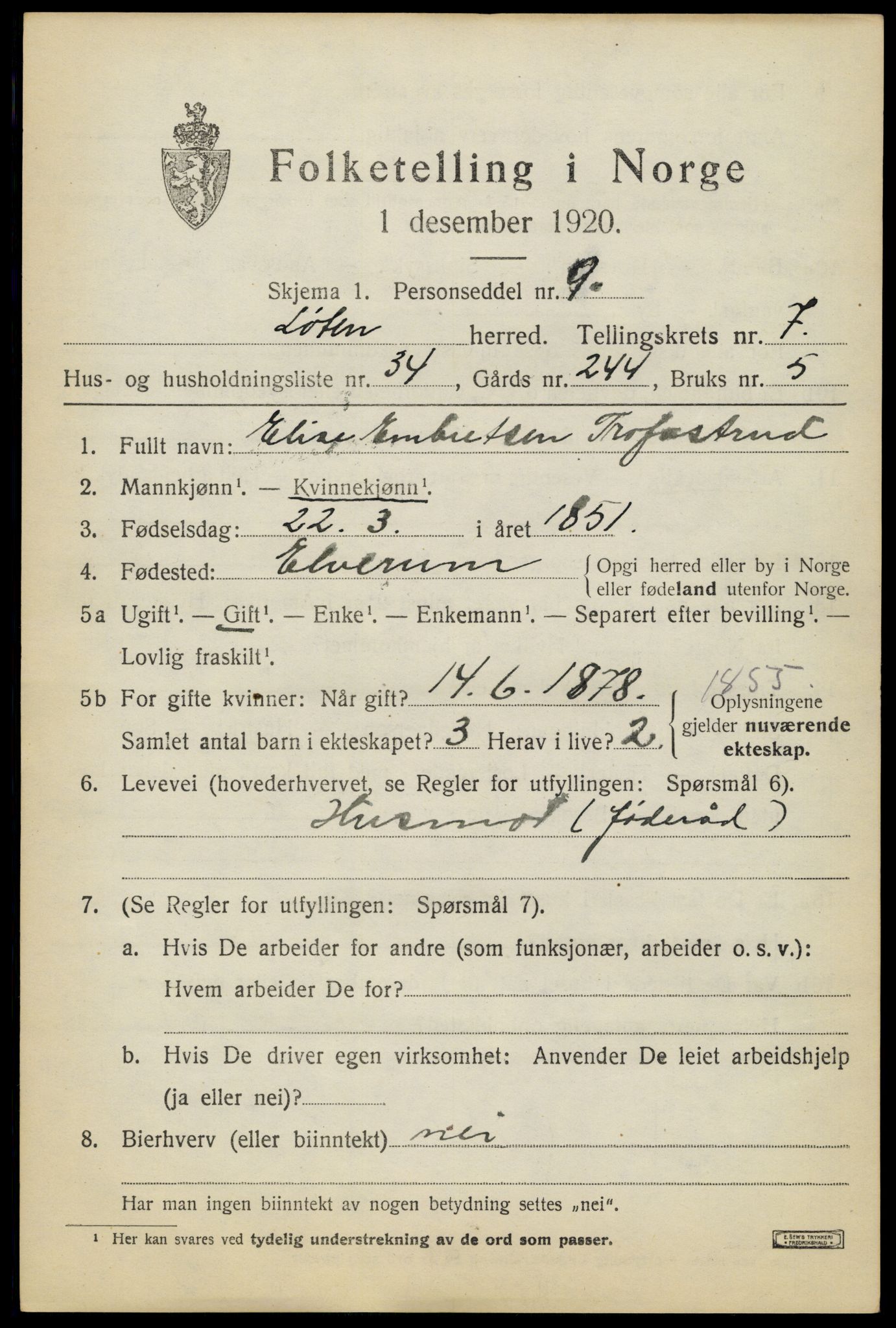 SAH, 1920 census for Løten, 1920, p. 14227