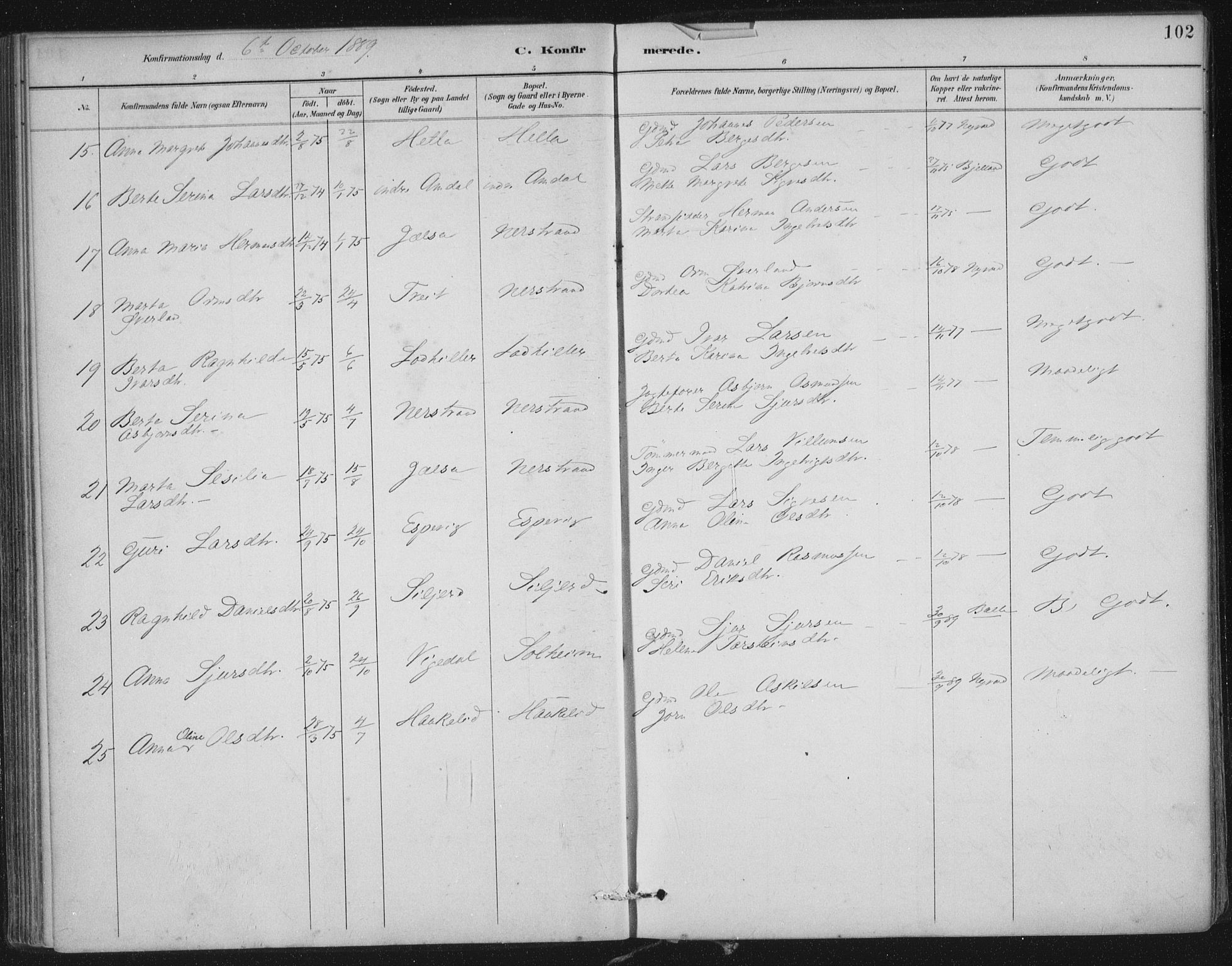 Nedstrand sokneprestkontor, SAST/A-101841/01/IV: Parish register (official) no. A 12, 1887-1915, p. 102