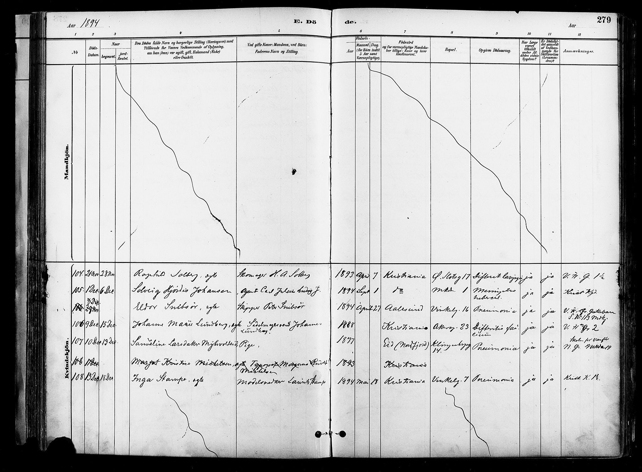 Johannes prestekontor Kirkebøker, AV/SAO-A-10852/F/Fa/L0004: Parish register (official) no. 4, 1883-1907, p. 279