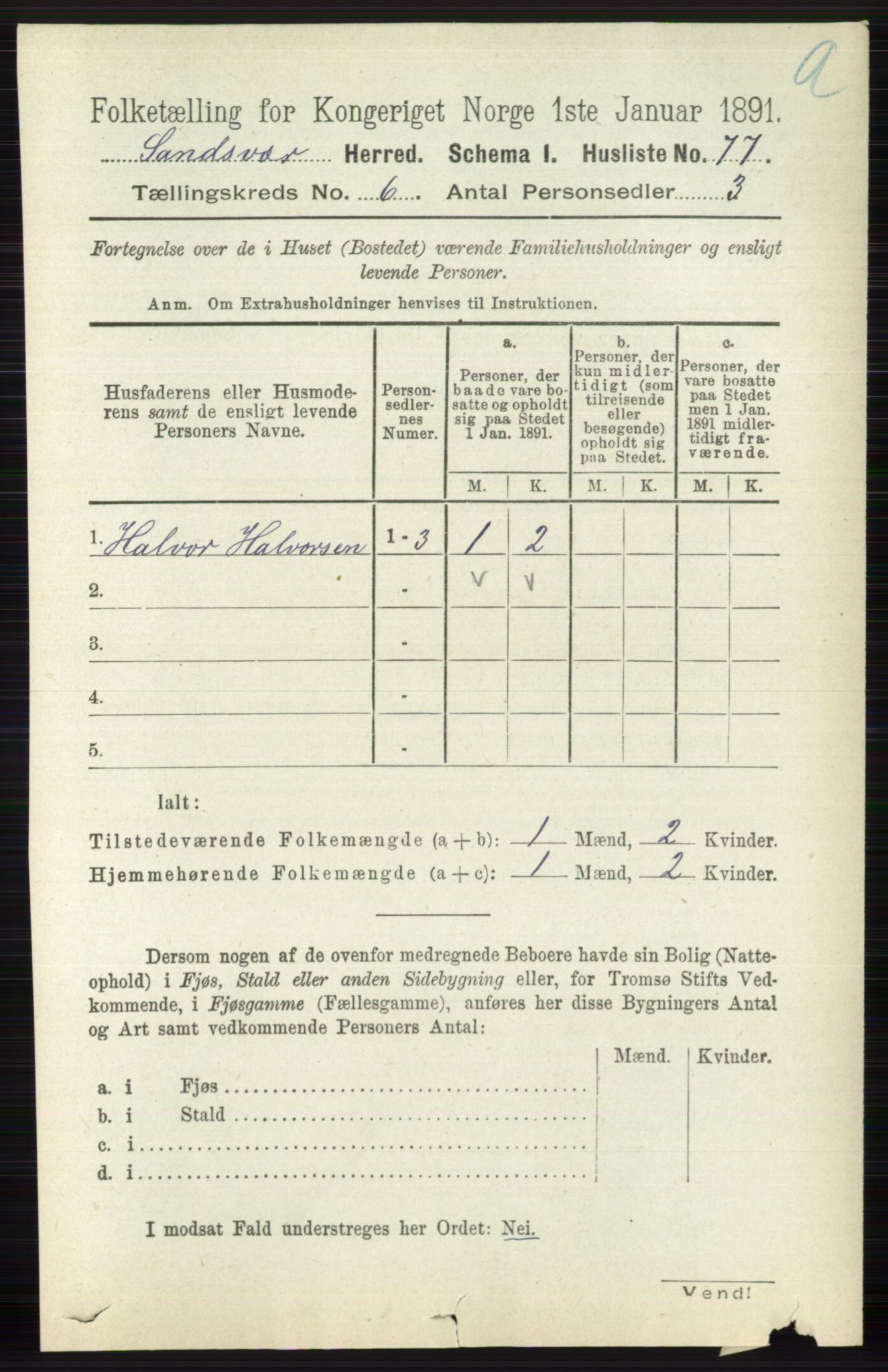 RA, 1891 census for 0629 Sandsvær, 1891, p. 3380