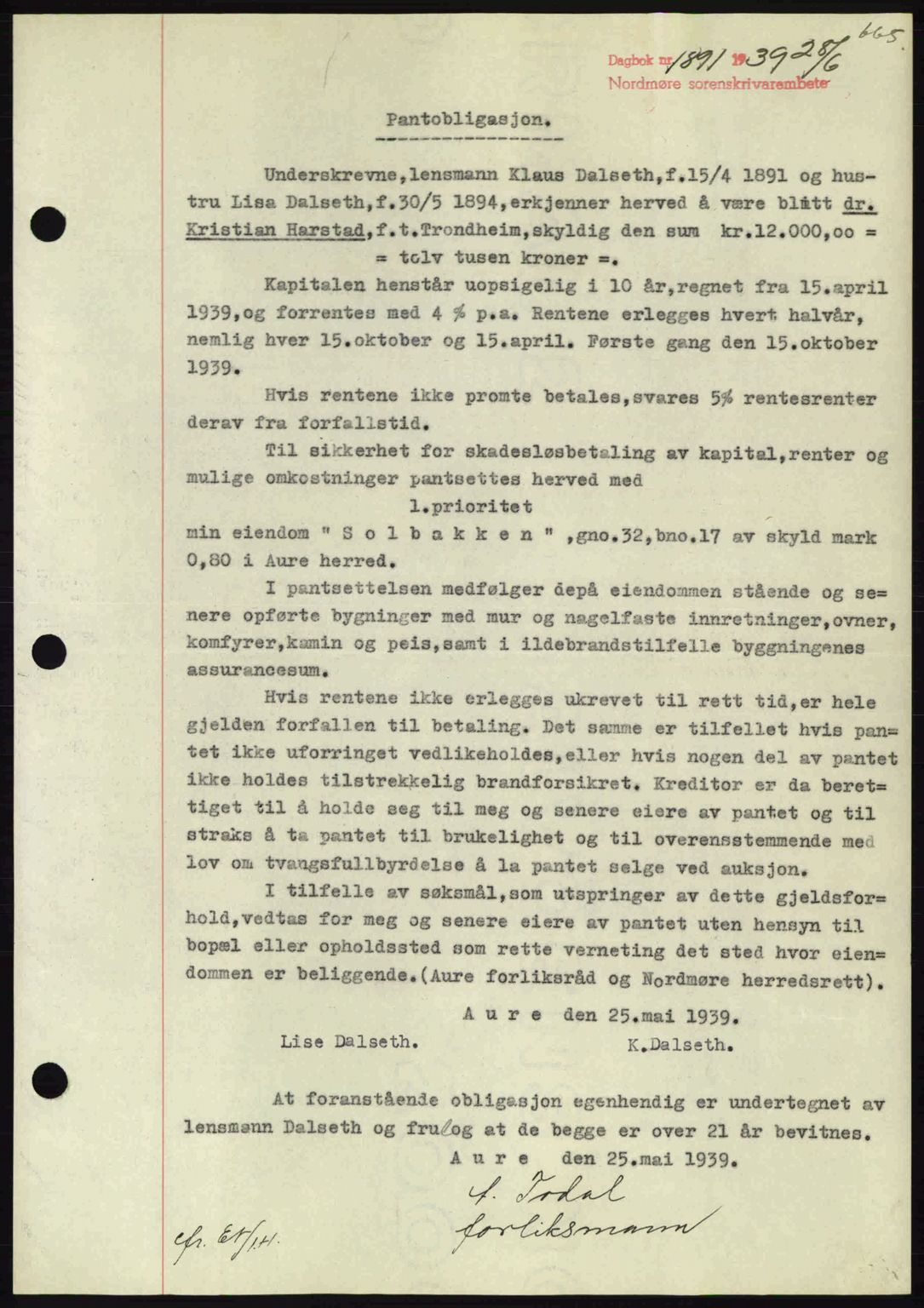 Nordmøre sorenskriveri, AV/SAT-A-4132/1/2/2Ca: Mortgage book no. B85, 1939-1939, Diary no: : 1891/1939