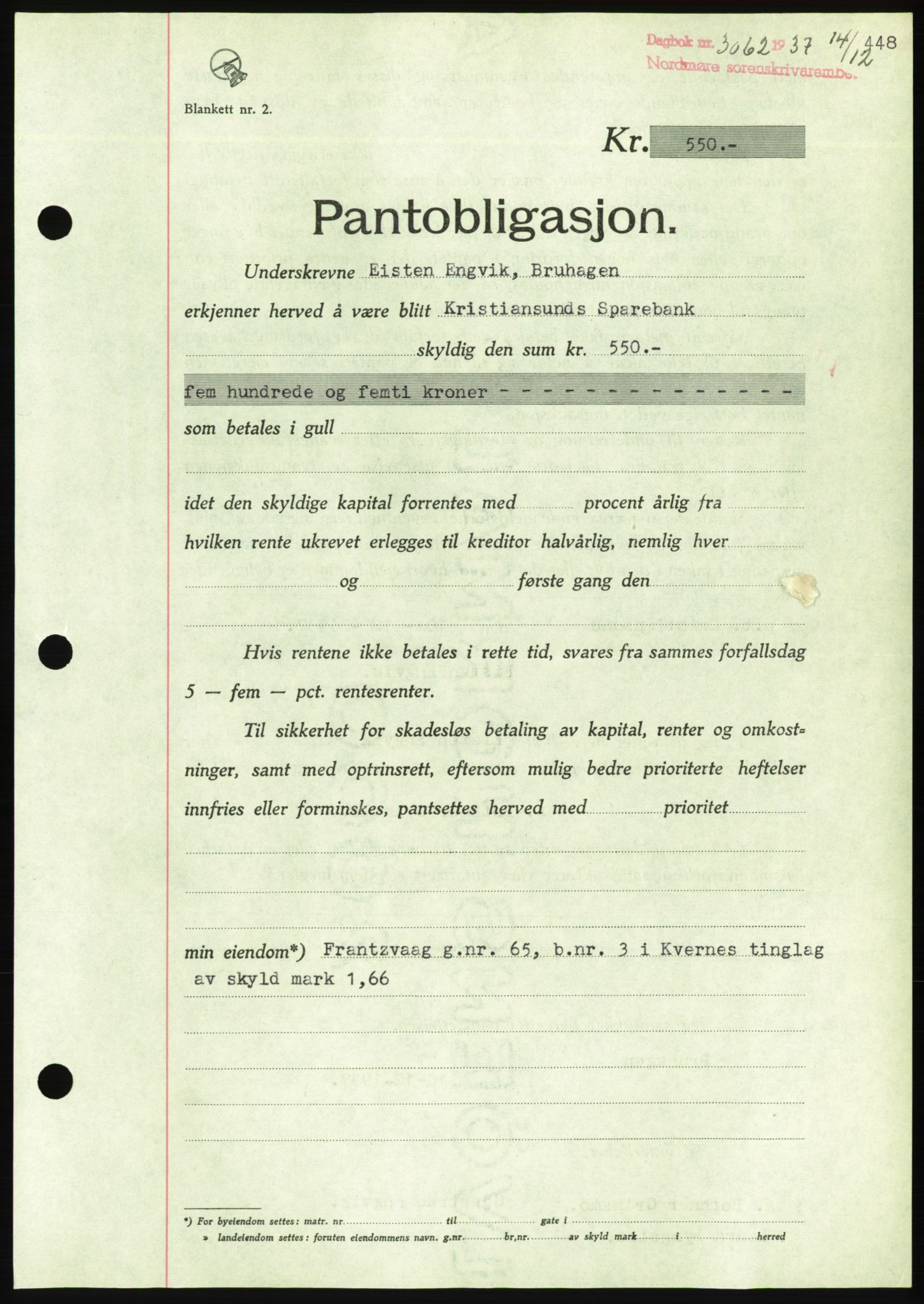 Nordmøre sorenskriveri, AV/SAT-A-4132/1/2/2Ca/L0092: Mortgage book no. B82, 1937-1938, Diary no: : 3062/1937