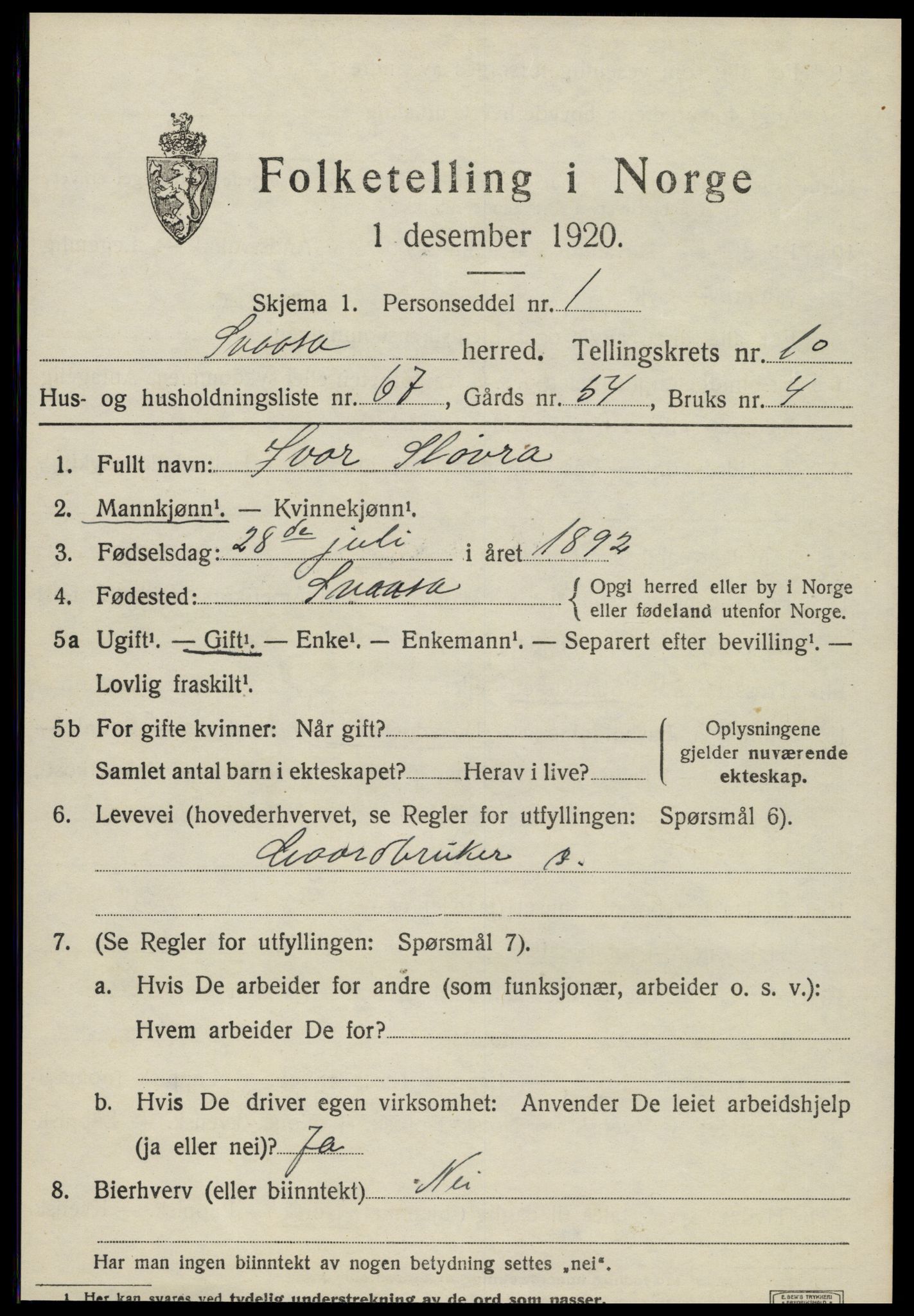 SAT, 1920 census for Snåsa, 1920, p. 4978