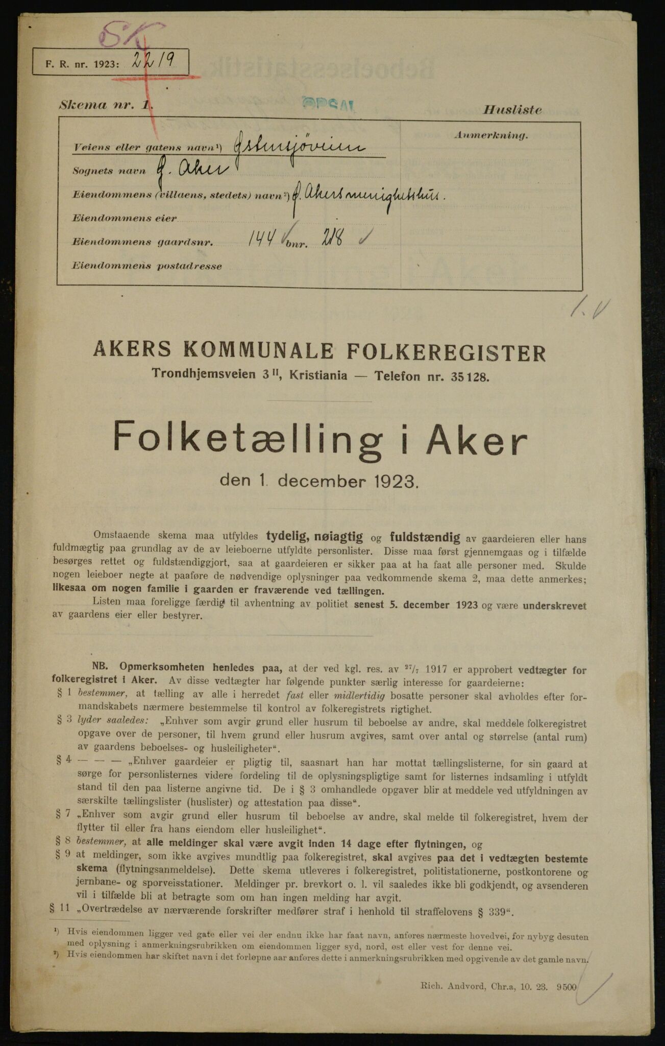 , Municipal Census 1923 for Aker, 1923, p. 36656