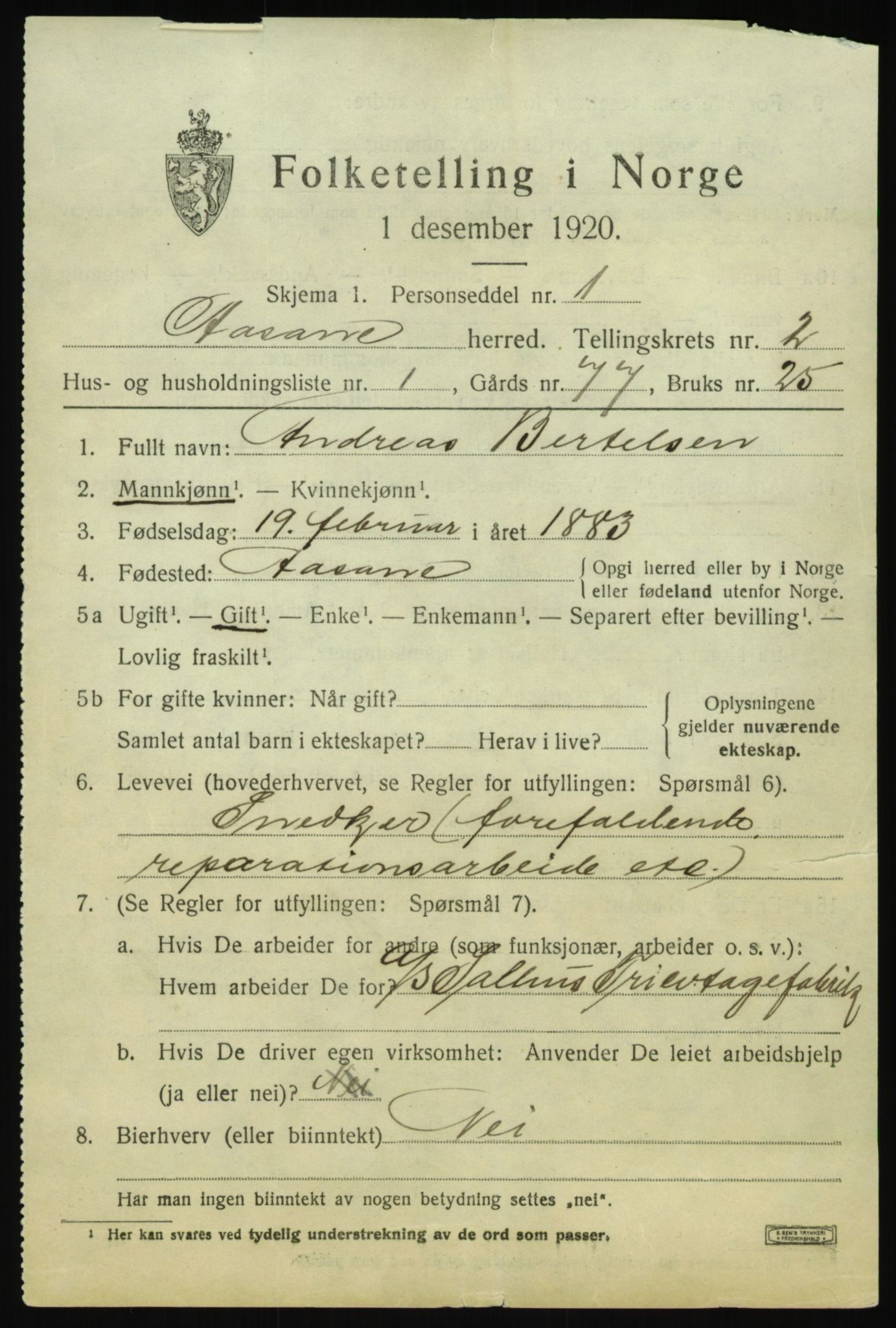 SAB, 1920 census for Åsane, 1920, p. 1227