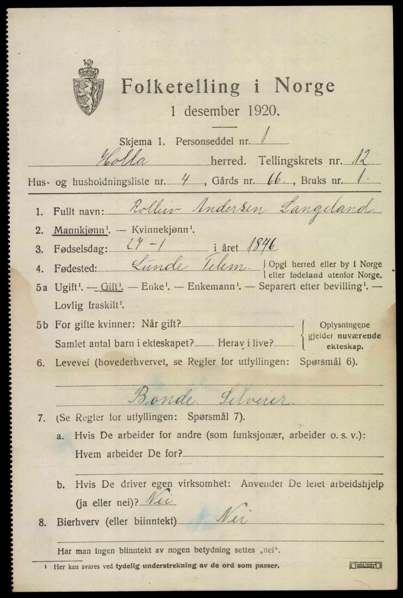 SAKO, 1920 census for Holla, 1920, p. 7513