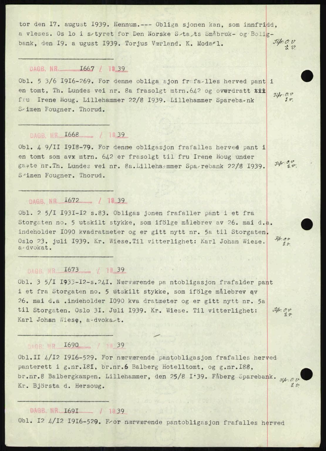 Sør-Gudbrandsdal tingrett, SAH/TING-004/H/Hb/Hbf/L0002: Mortgage book no. C1, 1938-1951, Diary no: : 1667/1939