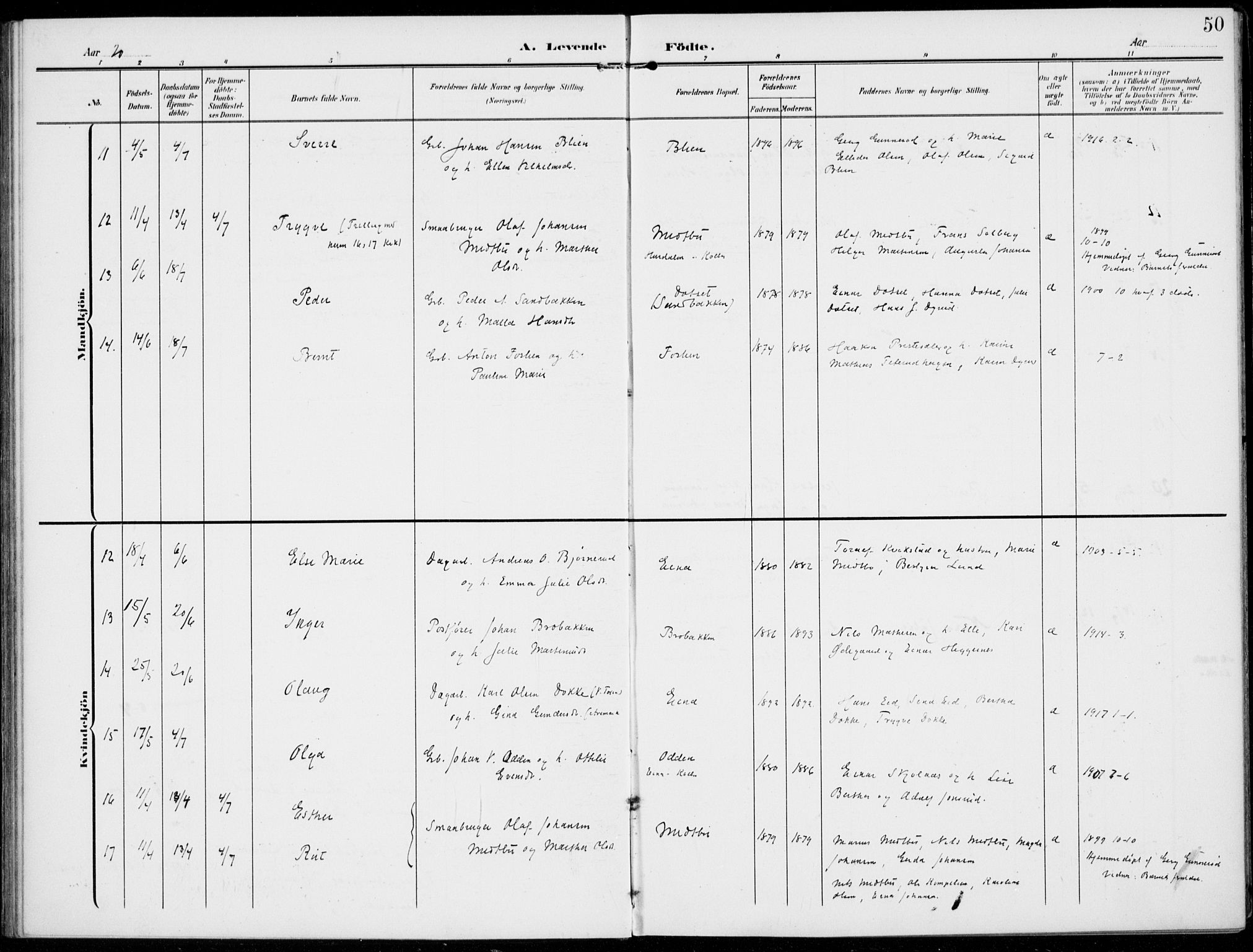 Kolbu prestekontor, AV/SAH-PREST-110/H/Ha/Haa/L0001: Parish register (official) no. 1, 1907-1923, p. 50