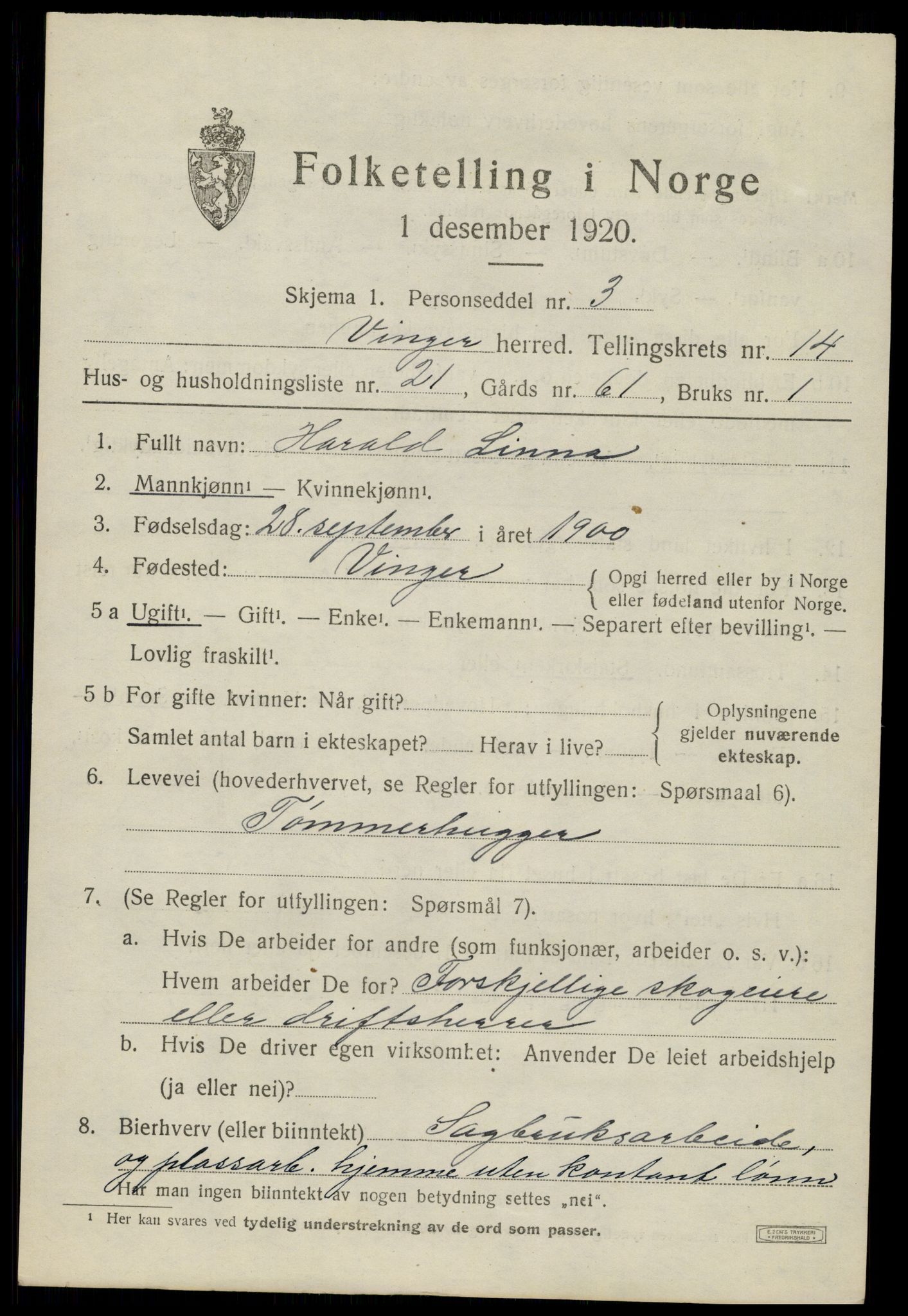 SAH, 1920 census for Vinger, 1920, p. 11608