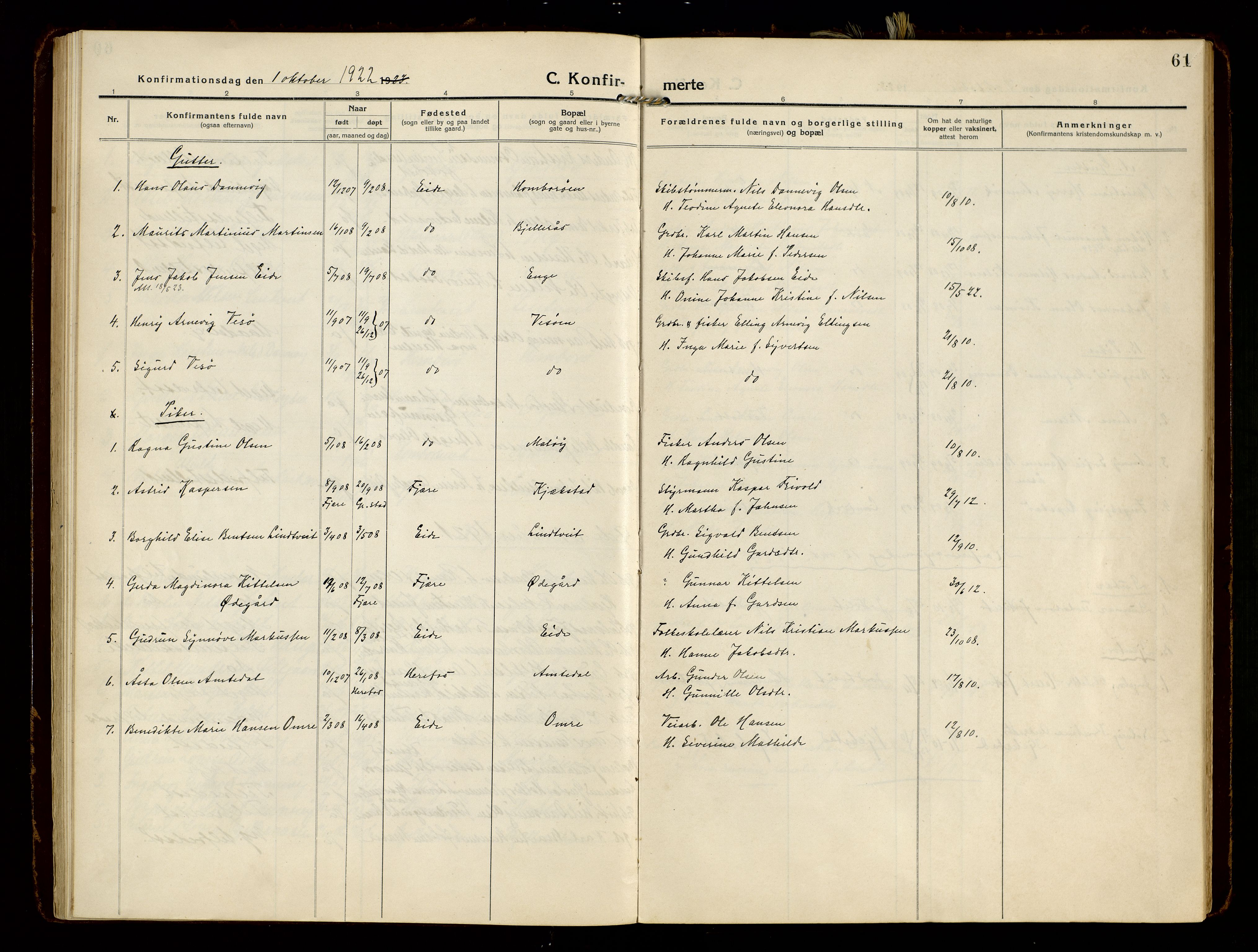Hommedal sokneprestkontor, SAK/1111-0023/F/Fa/Faa/L0004: Parish register (official) no. A 4, 1916-1945, p. 61