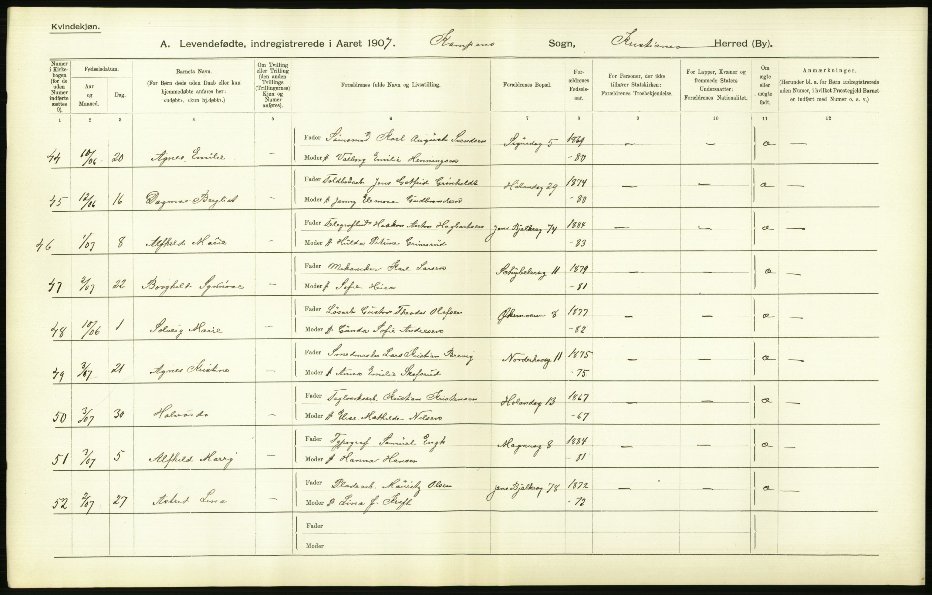 Statistisk sentralbyrå, Sosiodemografiske emner, Befolkning, AV/RA-S-2228/D/Df/Dfa/Dfae/L0007: Kristiania: Levendefødte menn og kvinner., 1907, p. 528