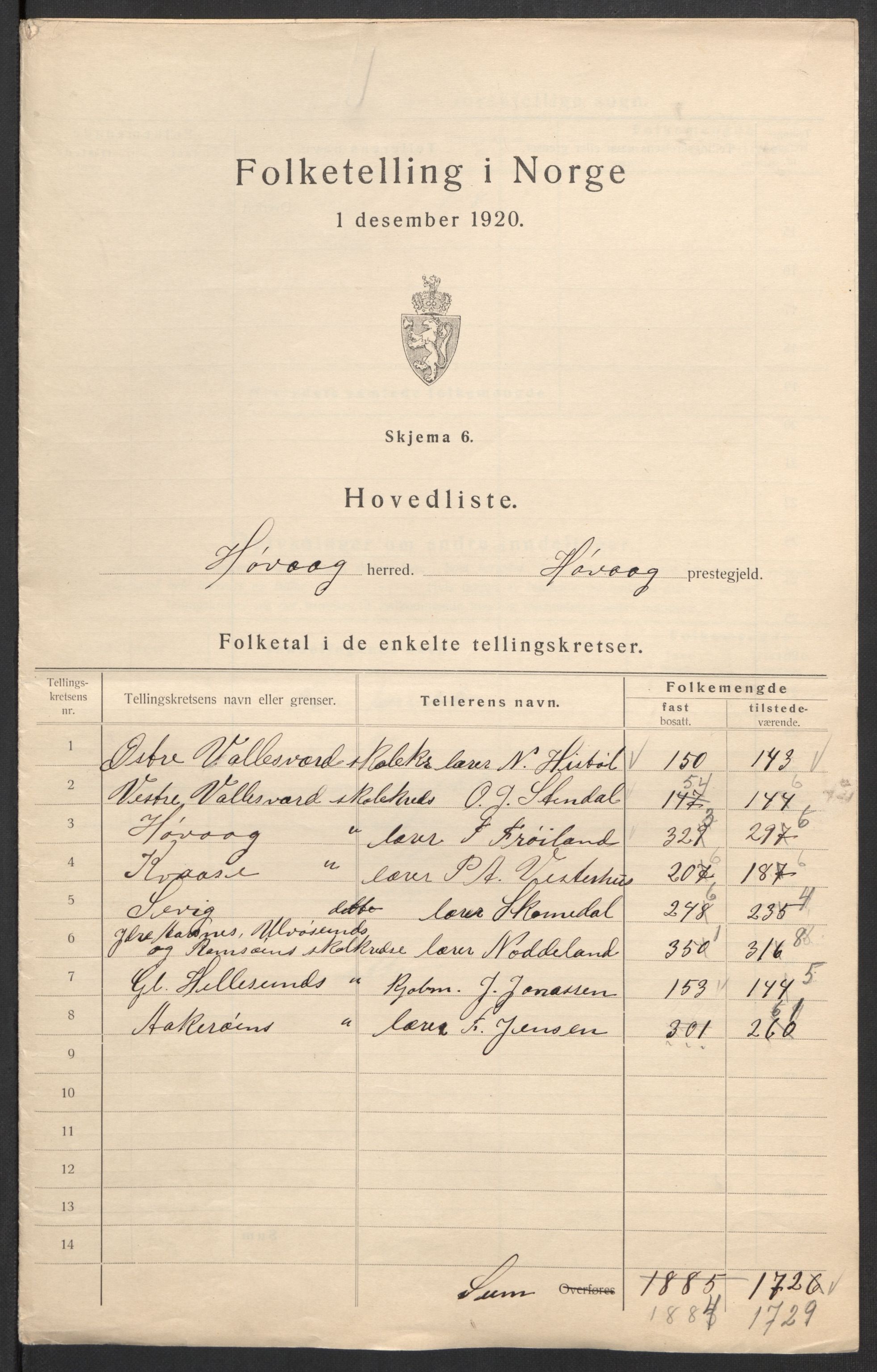 SAK, 1920 census for Høvåg, 1920, p. 3