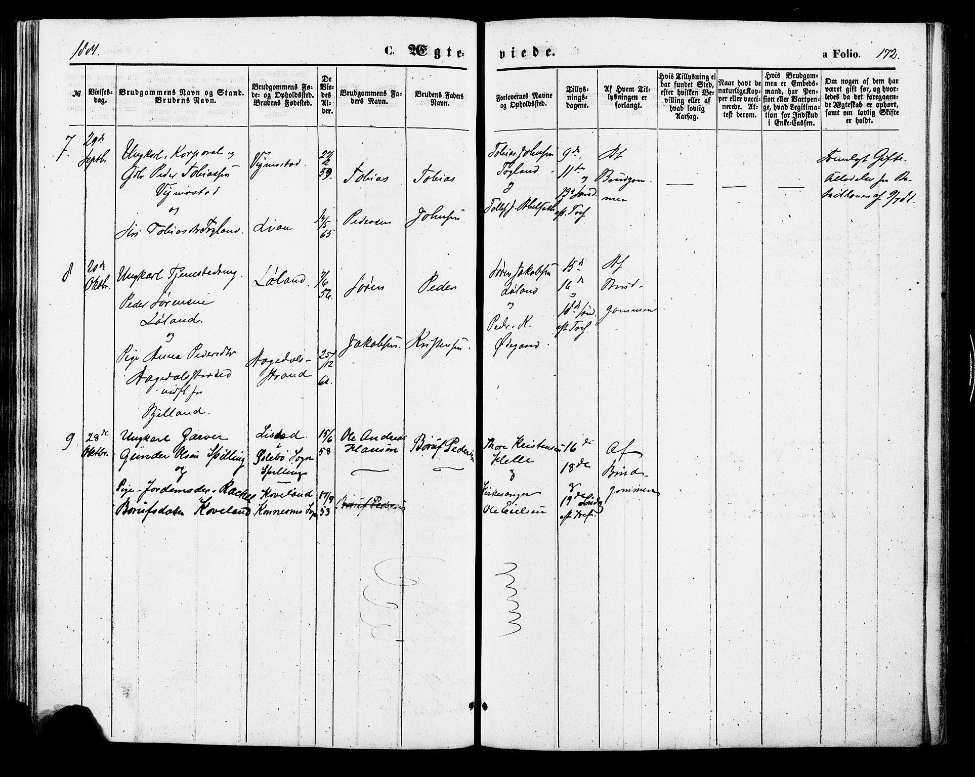 Nord-Audnedal sokneprestkontor, AV/SAK-1111-0032/F/Fa/Fab/L0002: Parish register (official) no. A 2, 1859-1882, p. 172