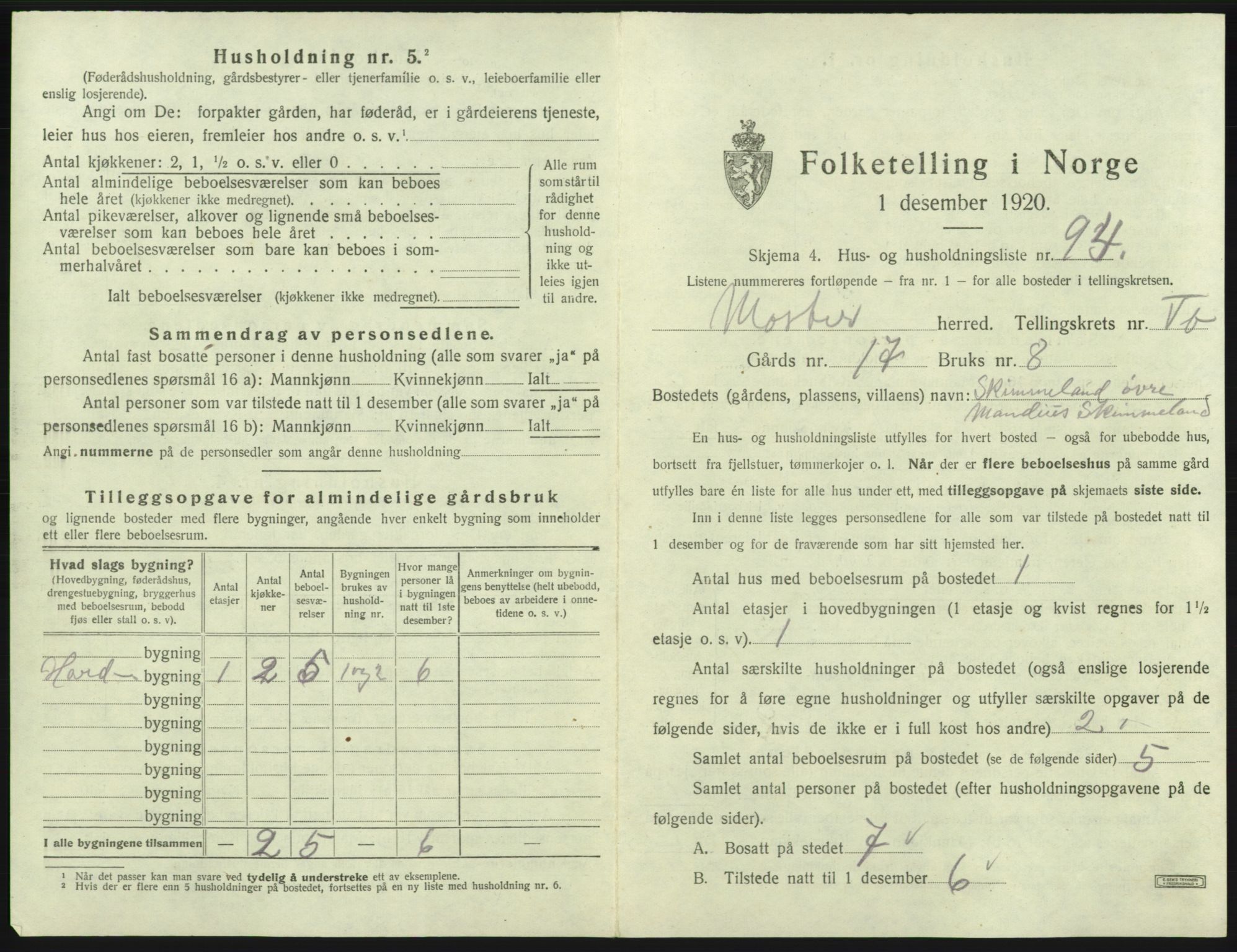 SAB, 1920 census for Moster, 1920, p. 457