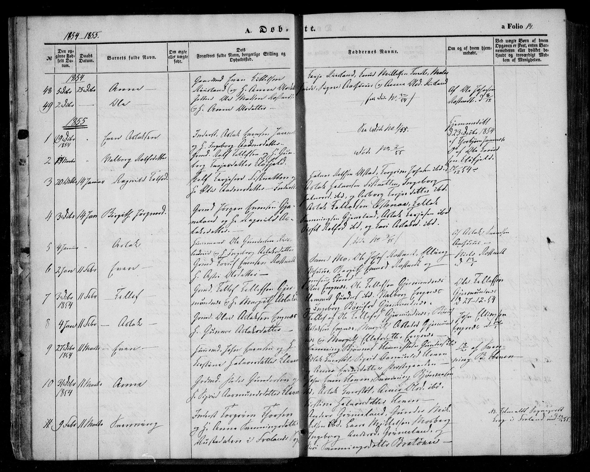 Åmli sokneprestkontor, SAK/1111-0050/F/Fa/Fac/L0008: Parish register (official) no. A 8, 1852-1869, p. 14