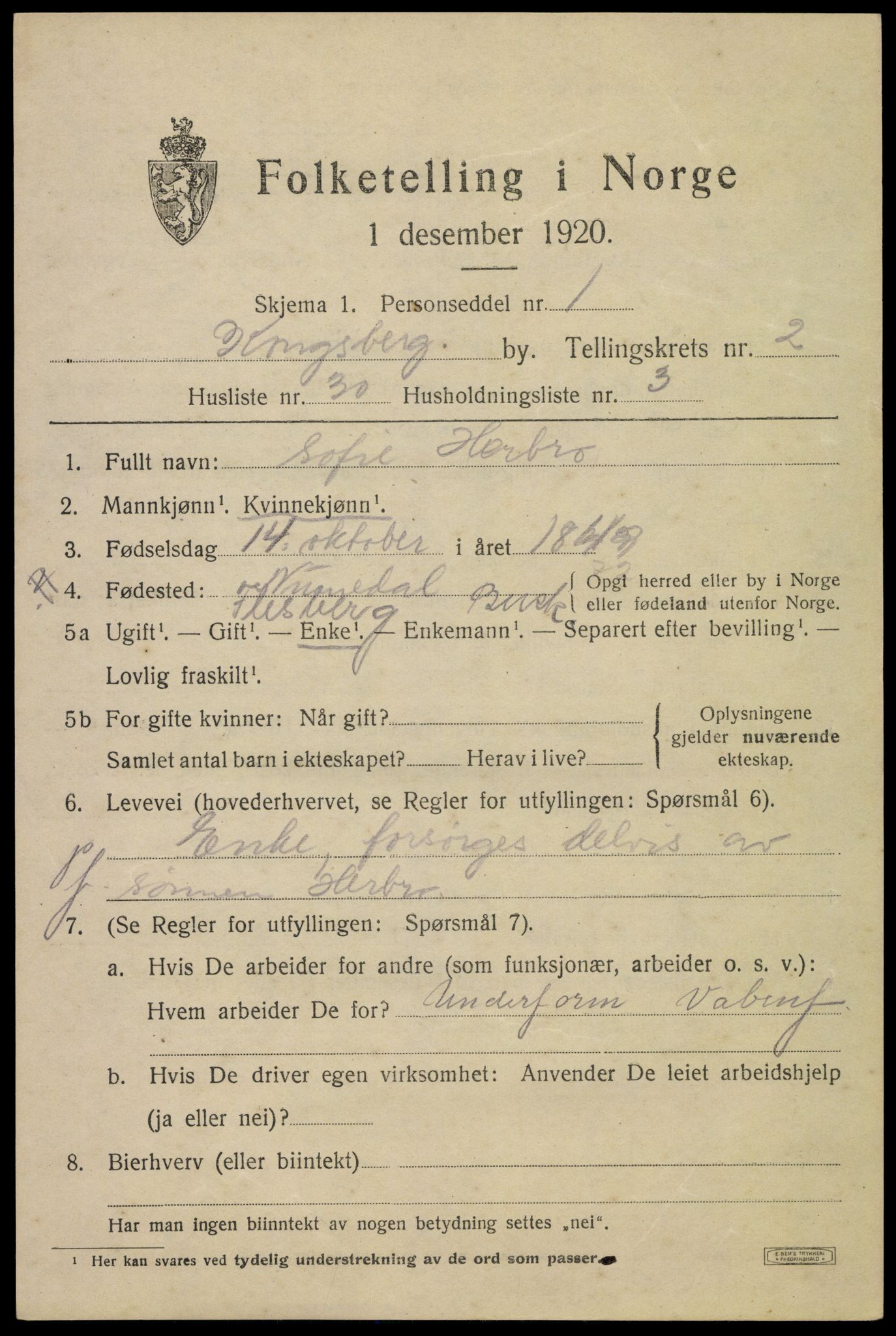 SAKO, 1920 census for Kongsberg, 1920, p. 7240