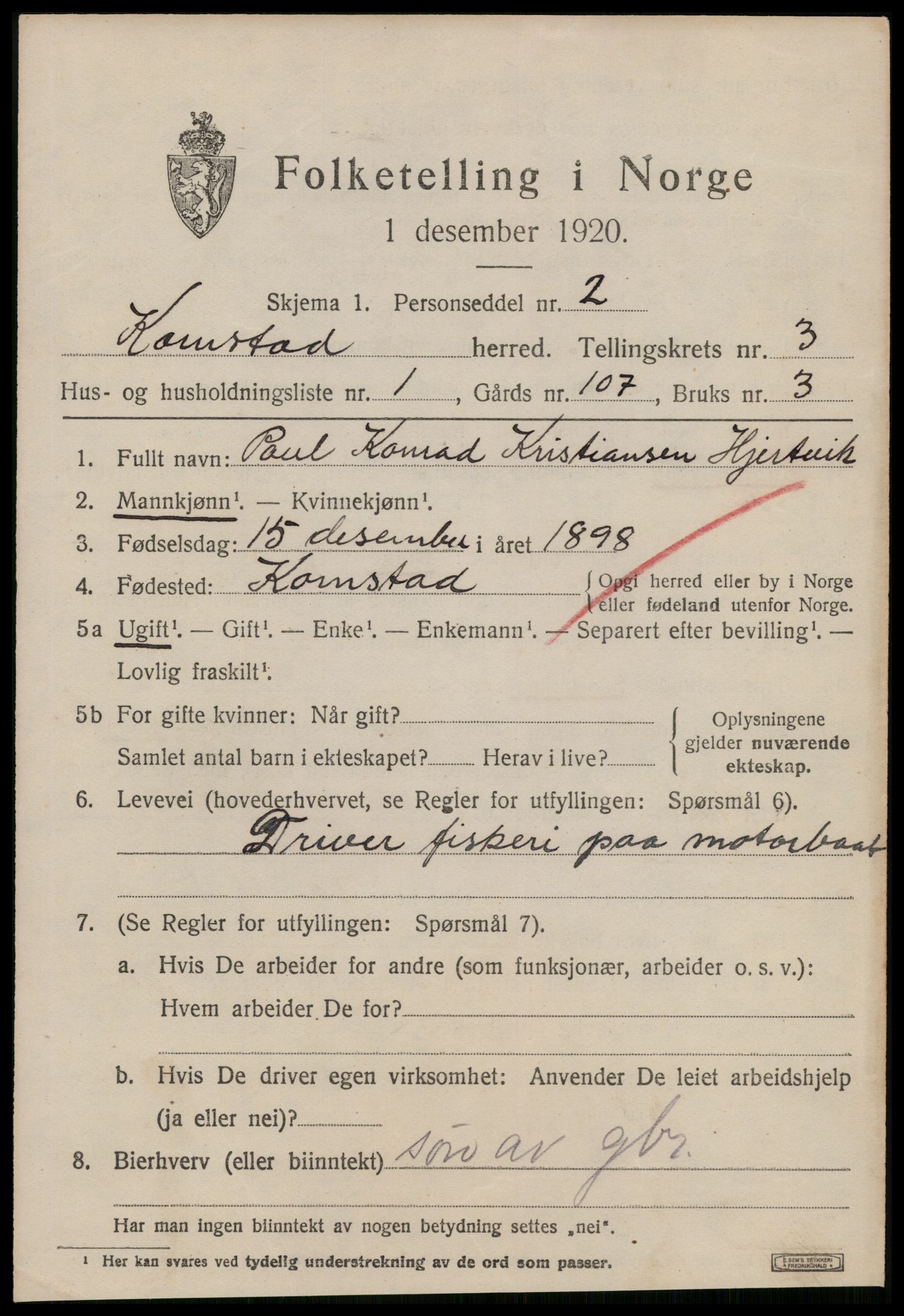 SAT, 1920 census for Kornstad, 1920, p. 1907