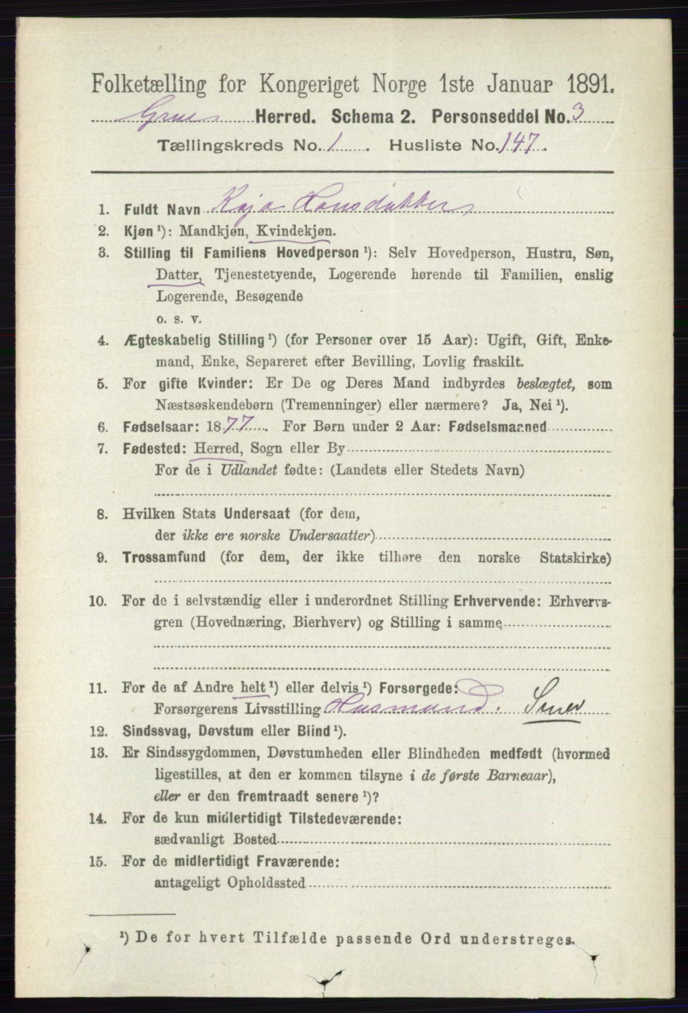 RA, 1891 census for 0423 Grue, 1891, p. 997