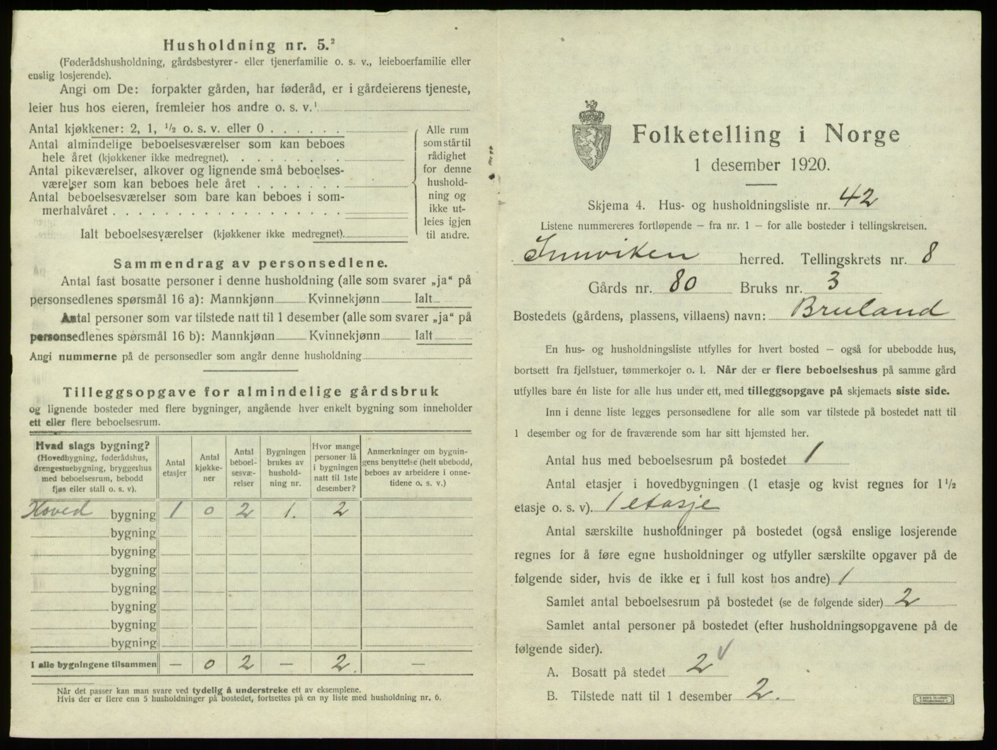 SAB, 1920 census for Innvik, 1920, p. 530