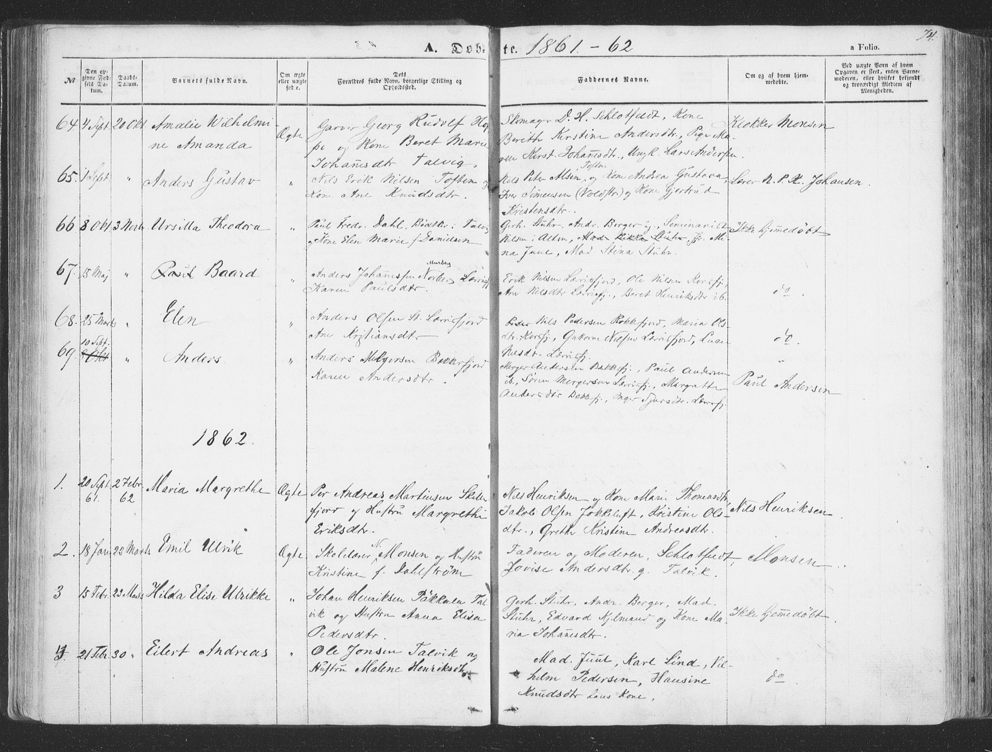 Talvik sokneprestkontor, SATØ/S-1337/H/Ha/L0010kirke: Parish register (official) no. 10, 1852-1864, p. 74