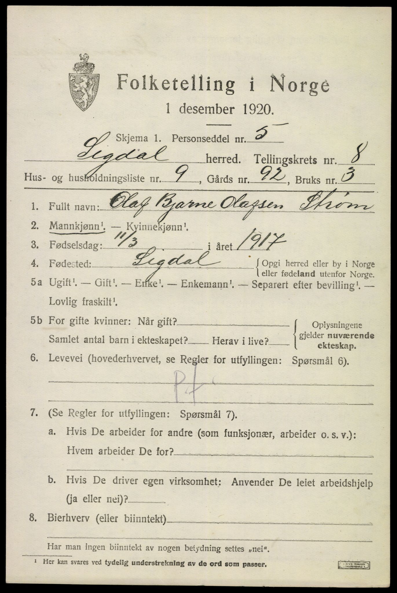 SAKO, 1920 census for Sigdal, 1920, p. 6098