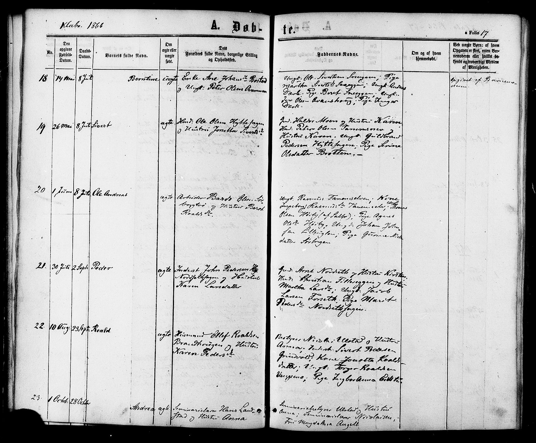 Ministerialprotokoller, klokkerbøker og fødselsregistre - Sør-Trøndelag, SAT/A-1456/618/L0442: Parish register (official) no. 618A06 /1, 1863-1879, p. 17