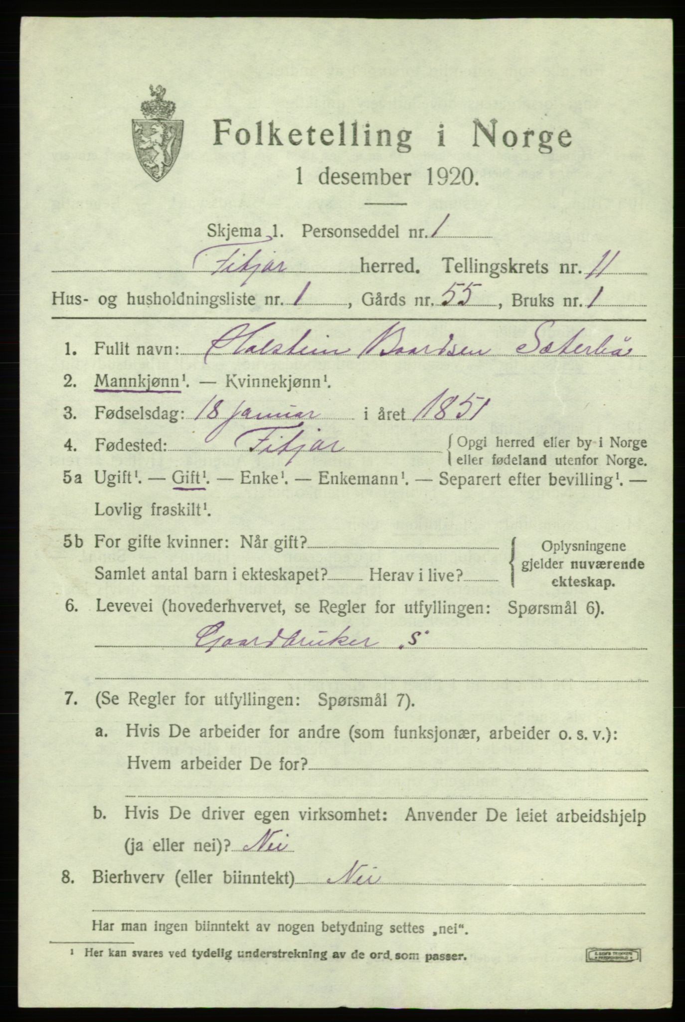 SAB, 1920 census for Fitjar, 1920, p. 4308