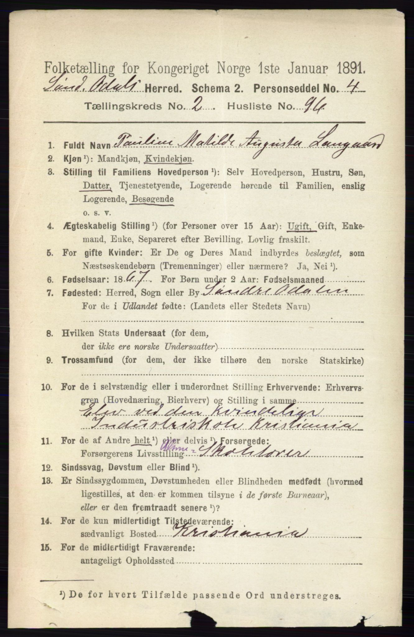 RA, 1891 census for 0419 Sør-Odal, 1891, p. 1073