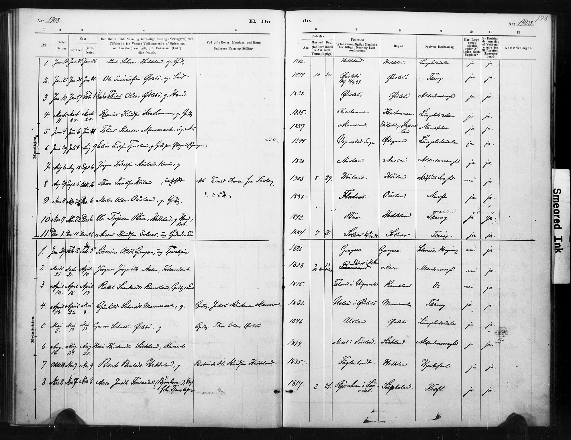 Holum sokneprestkontor, SAK/1111-0022/F/Fa/Fac/L0004: Parish register (official) no. A 4, 1884-1907, p. 148