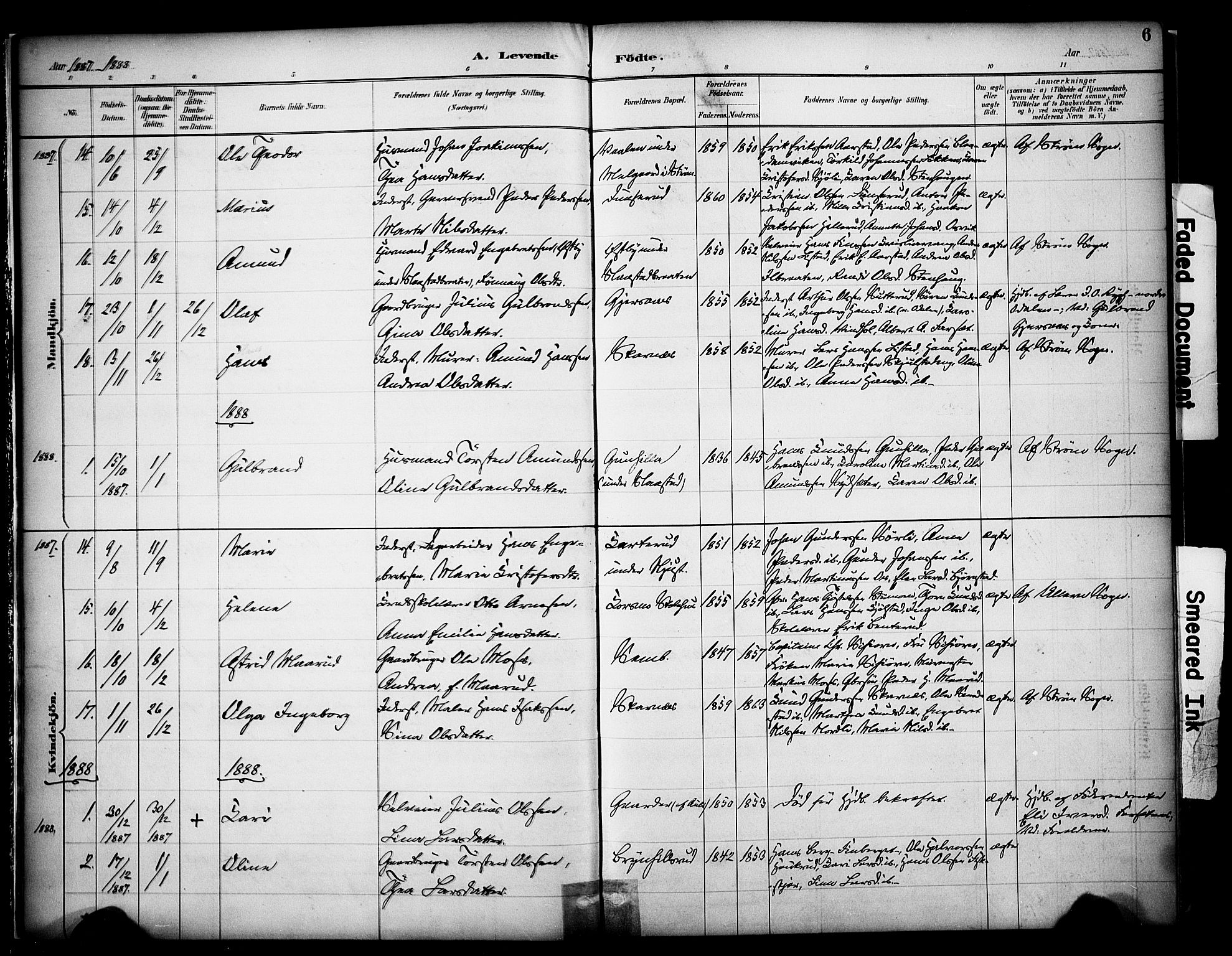 Sør-Odal prestekontor, AV/SAH-PREST-030/H/Ha/Haa/L0009: Parish register (official) no. 9, 1886-1926, p. 6