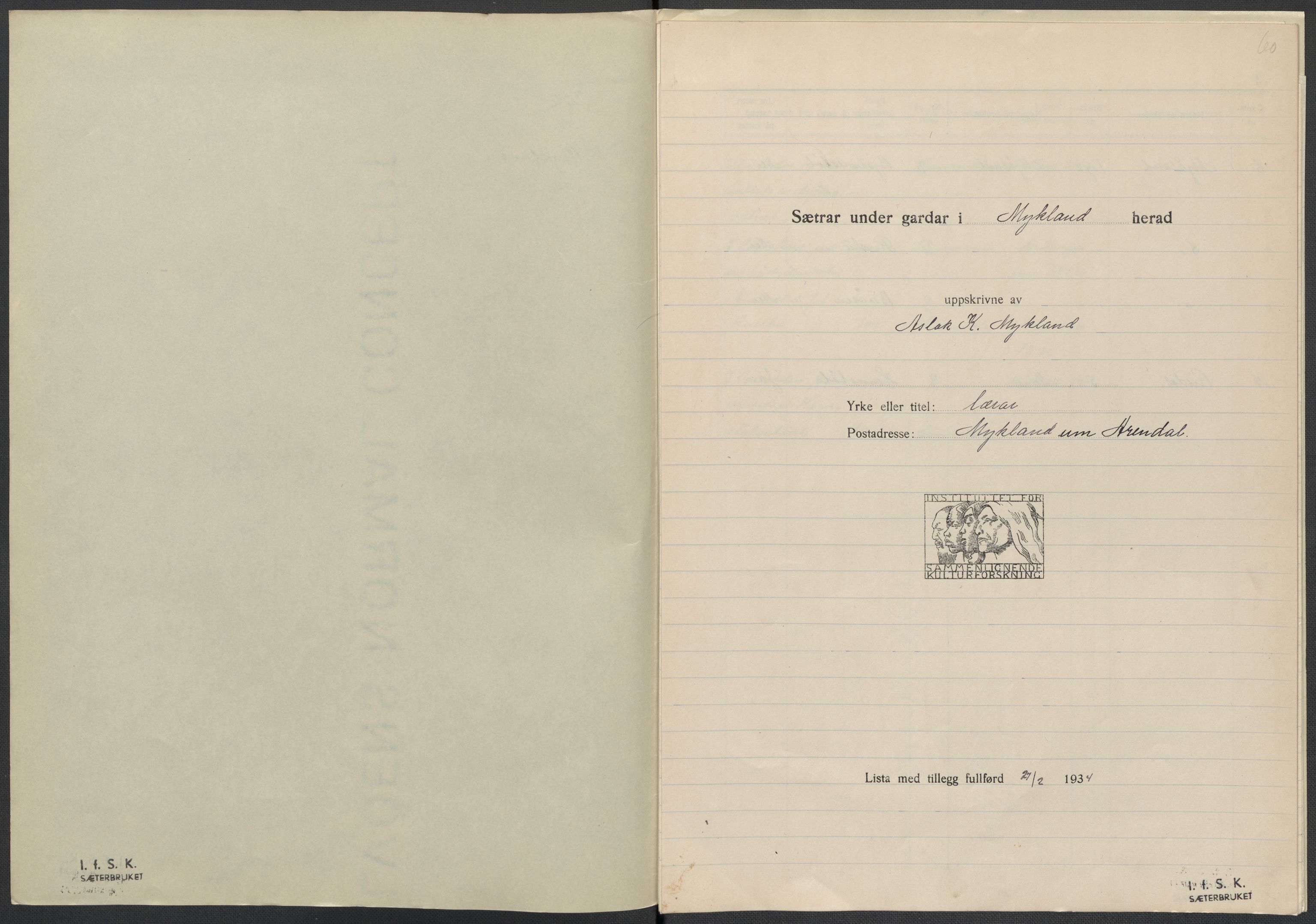 Instituttet for sammenlignende kulturforskning, AV/RA-PA-0424/F/Fc/L0008/0001: Eske B8: / Aust-Agder (perm XIX), 1932-1938, p. 60