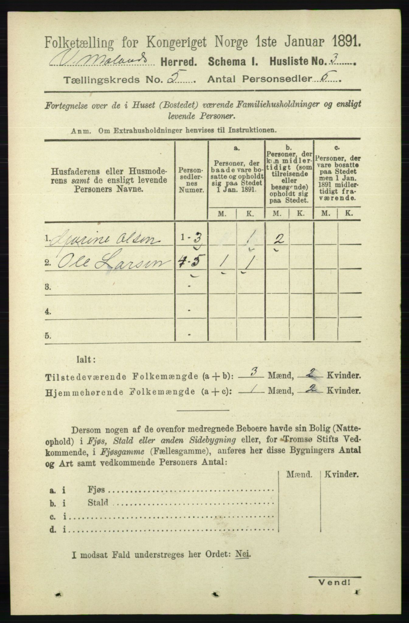 RA, 1891 census for 0926 Vestre Moland, 1891, p. 1754