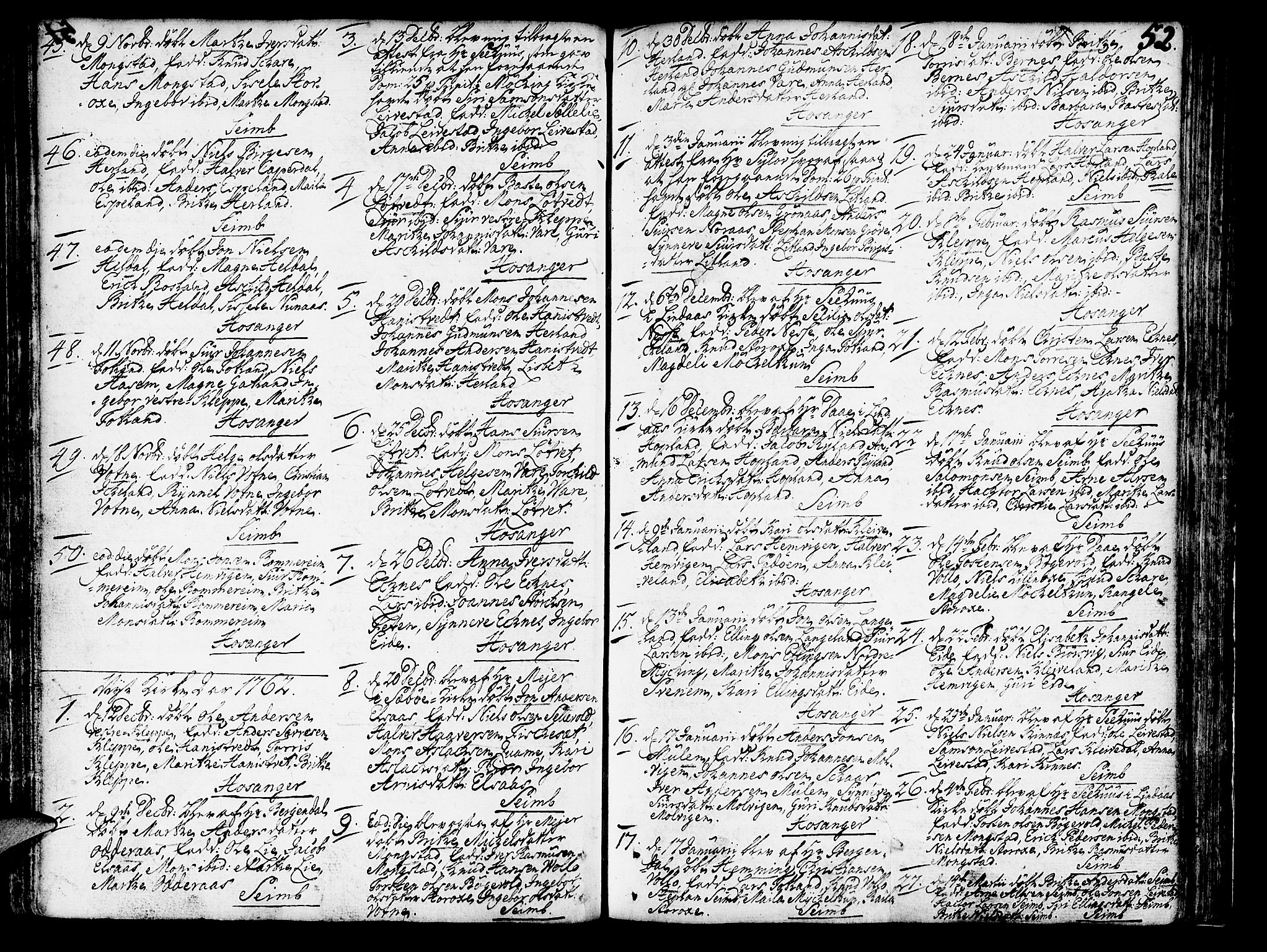 Hosanger sokneprestembete, SAB/A-75801/H/Haa: Parish register (official) no. A 1 /1, 1750-1766, p. 52