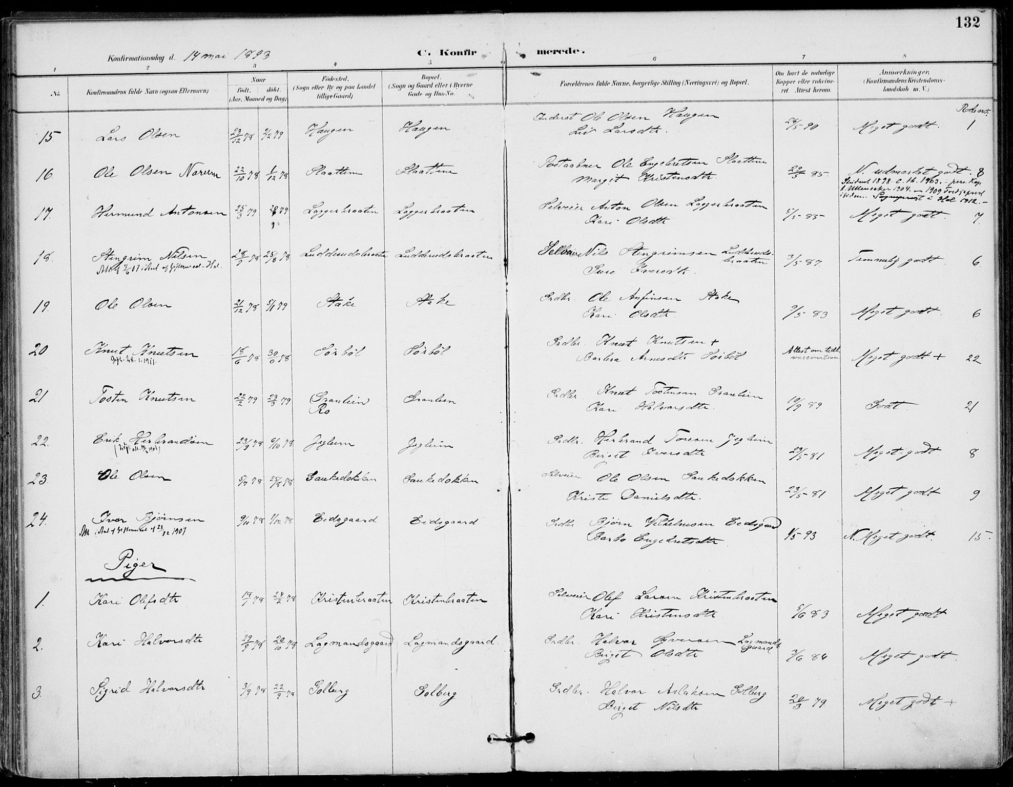 Gol kirkebøker, AV/SAKO-A-226/F/Fa/L0005: Parish register (official) no. I 5, 1887-1900, p. 132