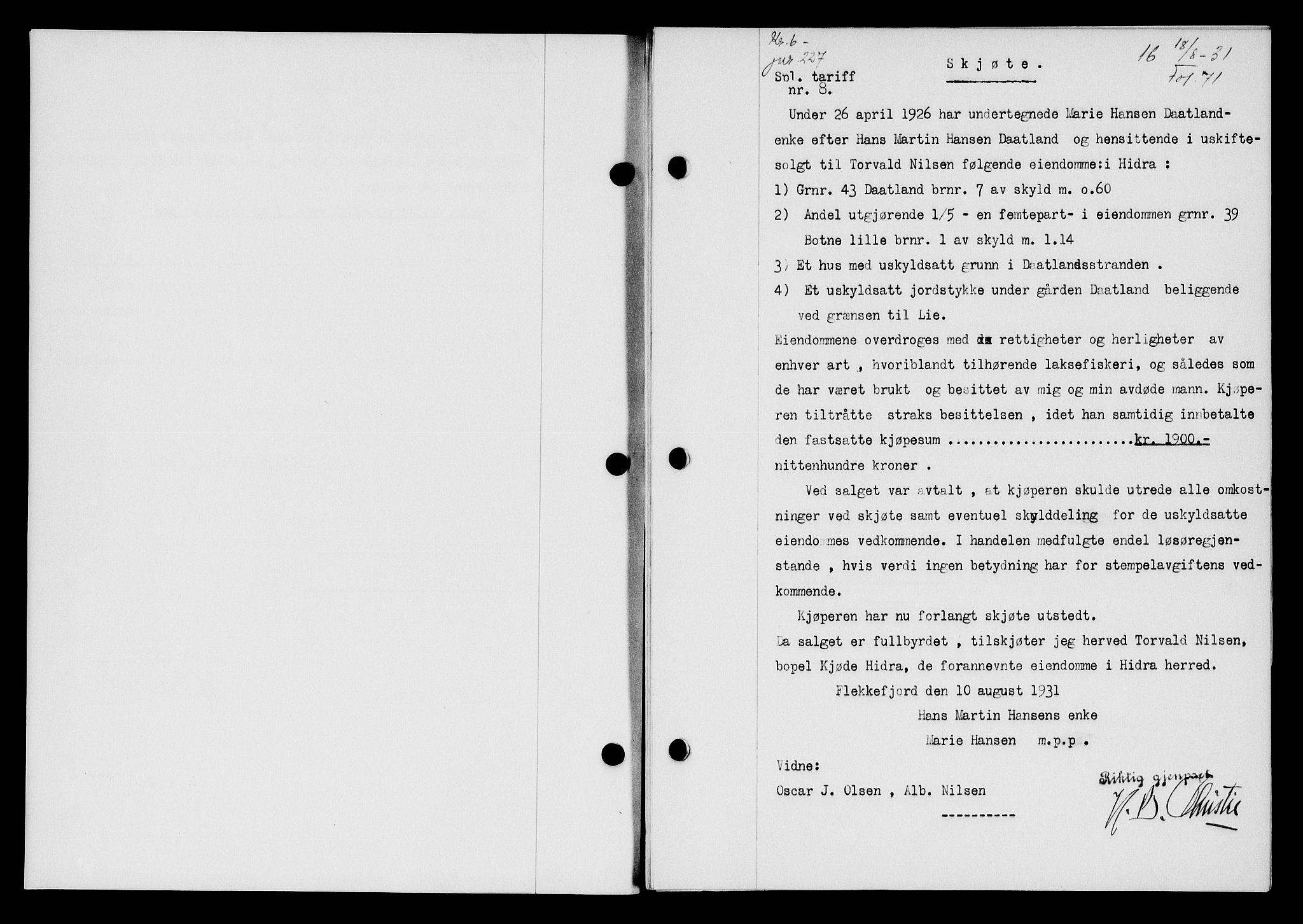 Flekkefjord sorenskriveri, AV/SAK-1221-0001/G/Gb/Gba/L0047: Mortgage book no. 45, 1931-1932, Deed date: 18.08.1931