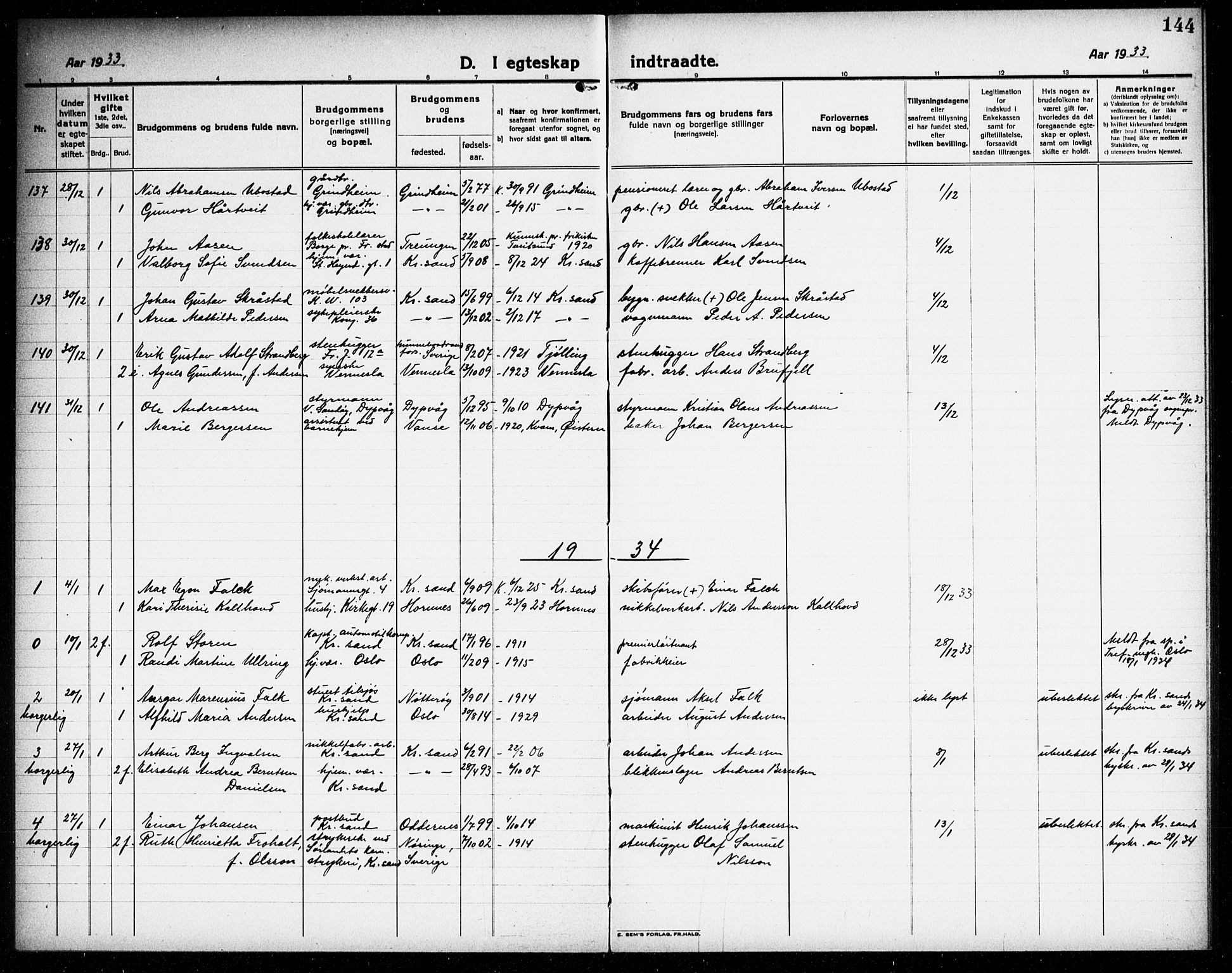 Kristiansand domprosti, AV/SAK-1112-0006/F/Fb/L0023: Parish register (copy) no. B 23, 1921-1937, p. 144