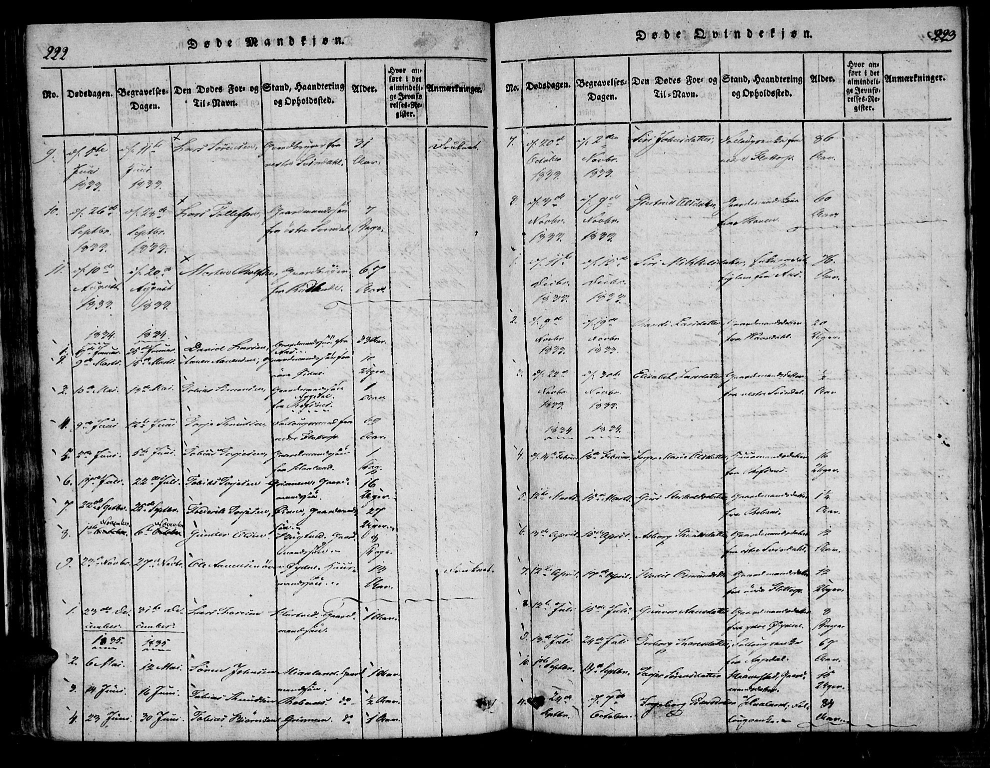 Bjelland sokneprestkontor, SAK/1111-0005/F/Fa/Fac/L0001: Parish register (official) no. A 1, 1815-1866, p. 222-223