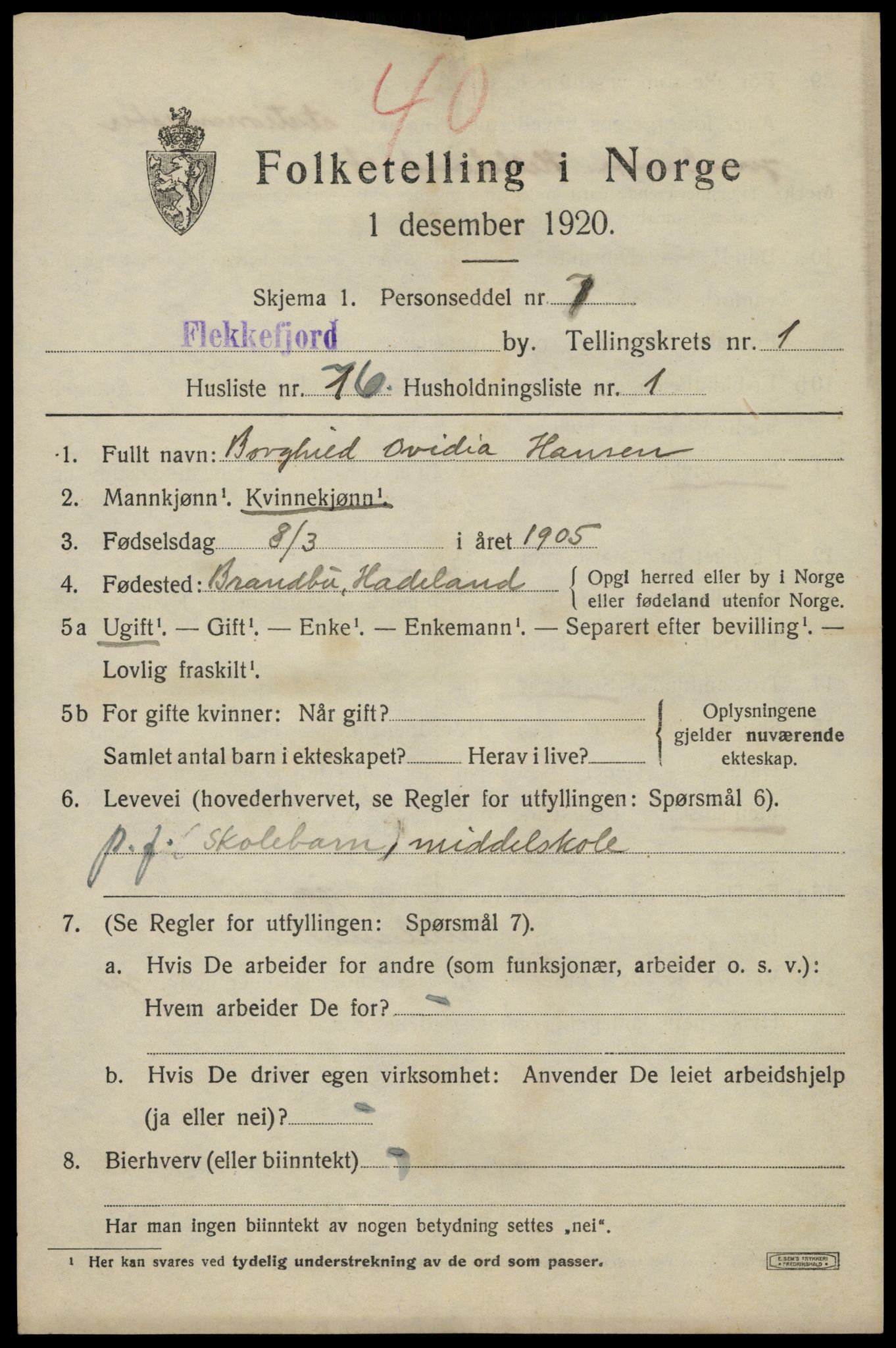 SAK, 1920 census for Flekkefjord, 1920, p. 2488